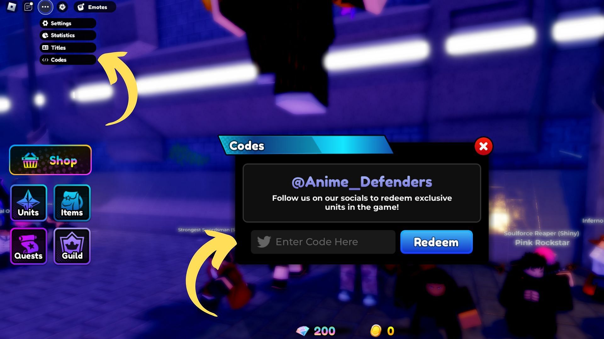 Redeem codes in Anime Defenders (Image via Roblox || Sportskeeda)
