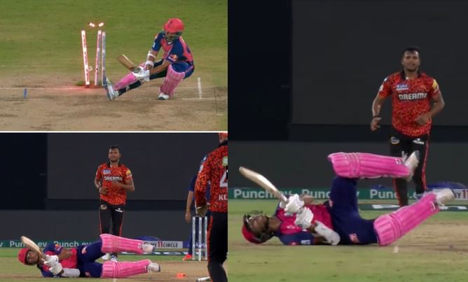 [Watch] Yashasvi Jaiswal gets cleaned up by Natarajan after a failed scoop shot attempt during RR vs SRH IPL 2024 clash