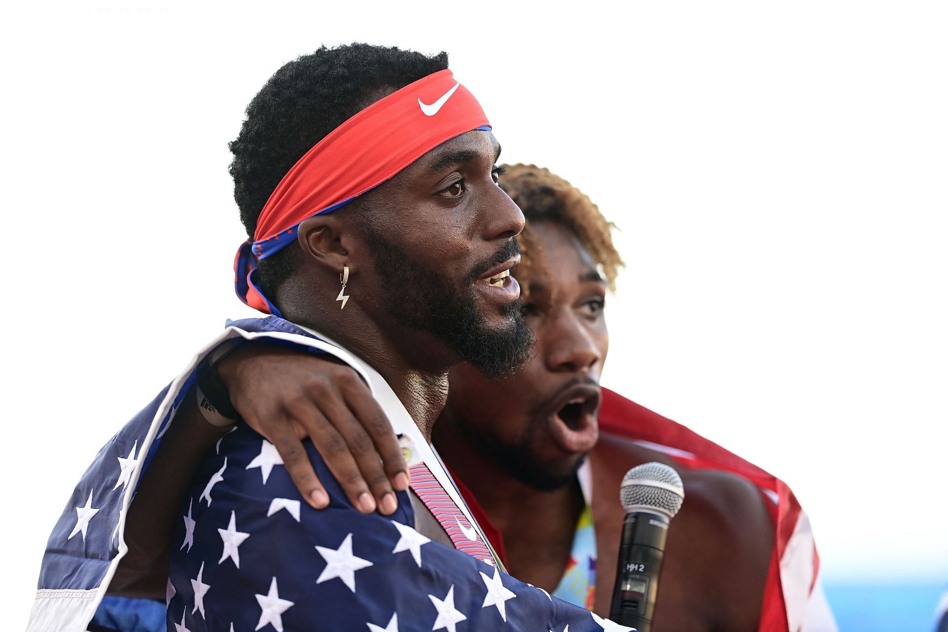 Kenneth Bednarek and Noah Lyles of Team United celebrate after competing in the Men&#039;s 200m Final at the 2022 World Athletics Championships at Hayward Field in Eugene, Oregon.