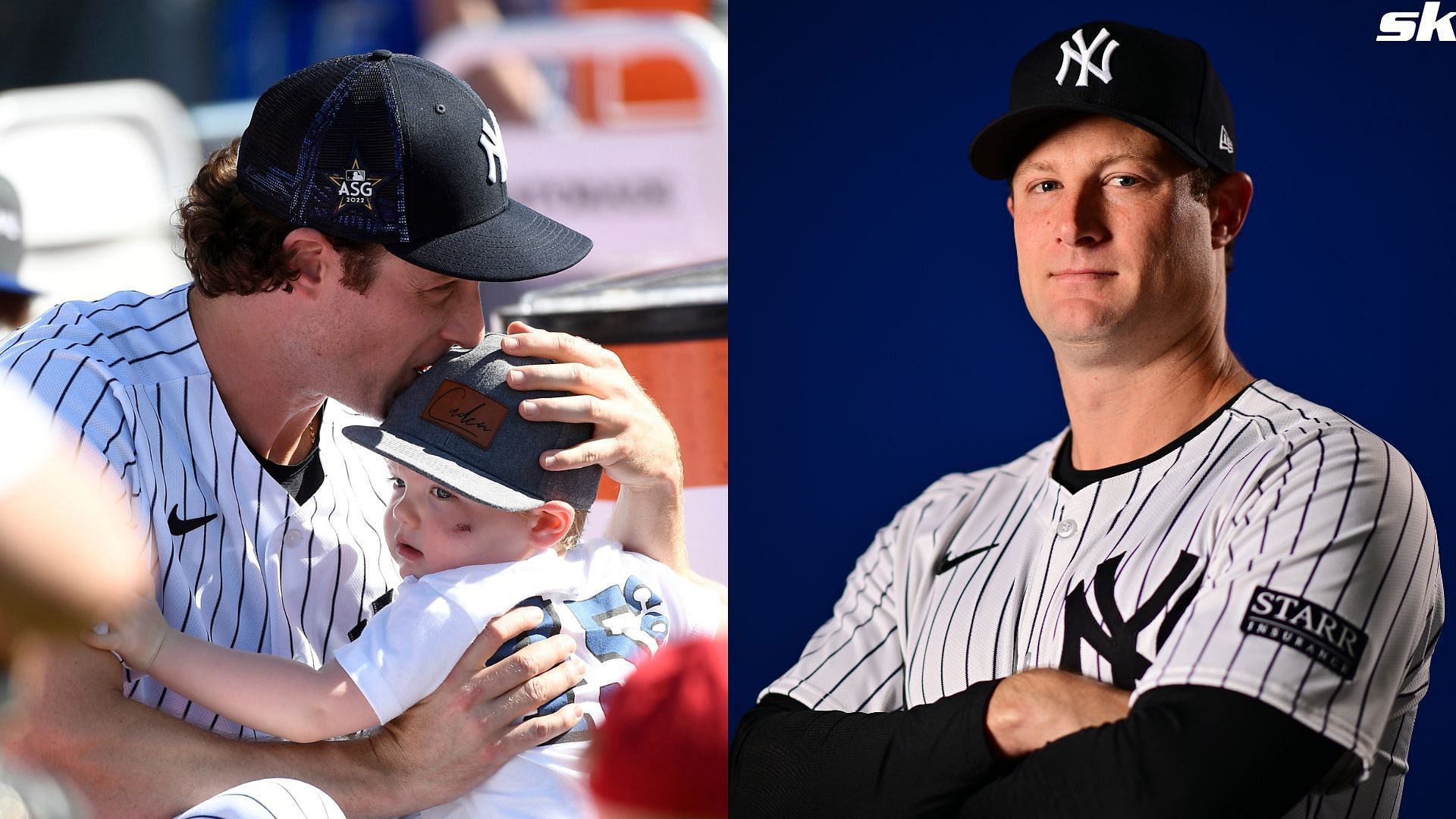 Gerrit Cole of the New York Yankees sits with his son Caden during the 2022 T-Mobile Home Run Derby at Dodger Stadium