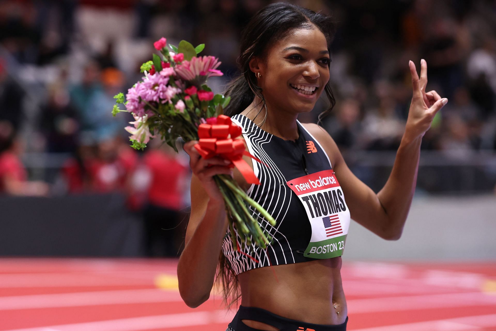 Gabby Thomas of the United States celebrates after winning the Women&#039;s 300m during the New Balance Indoor Grand Prix on February 04, 2023 in Boston, Massachusetts. (Photo by Maddie Meyer/Getty Images)