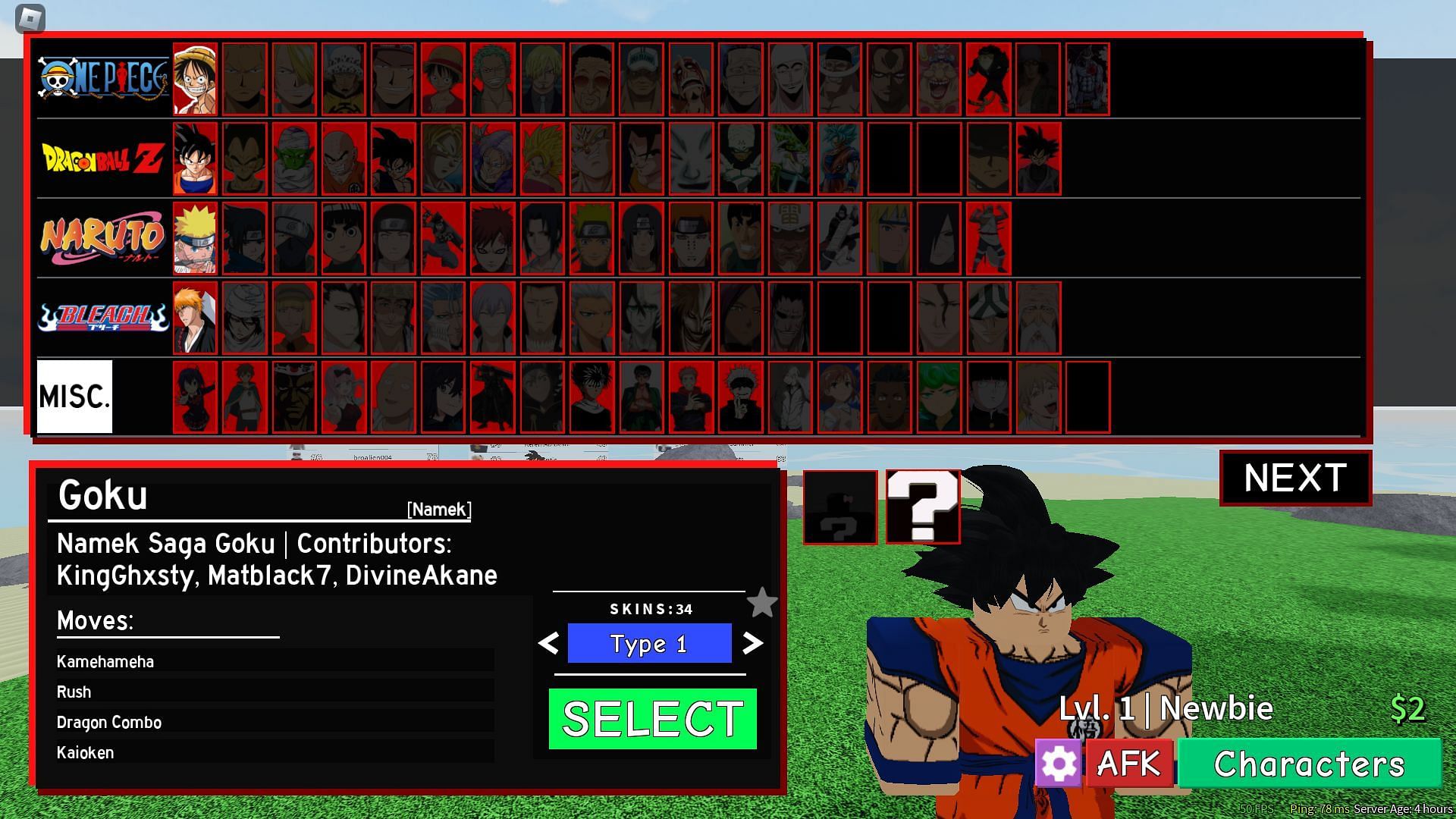 Character select screen in ABA (Image via Roblox)