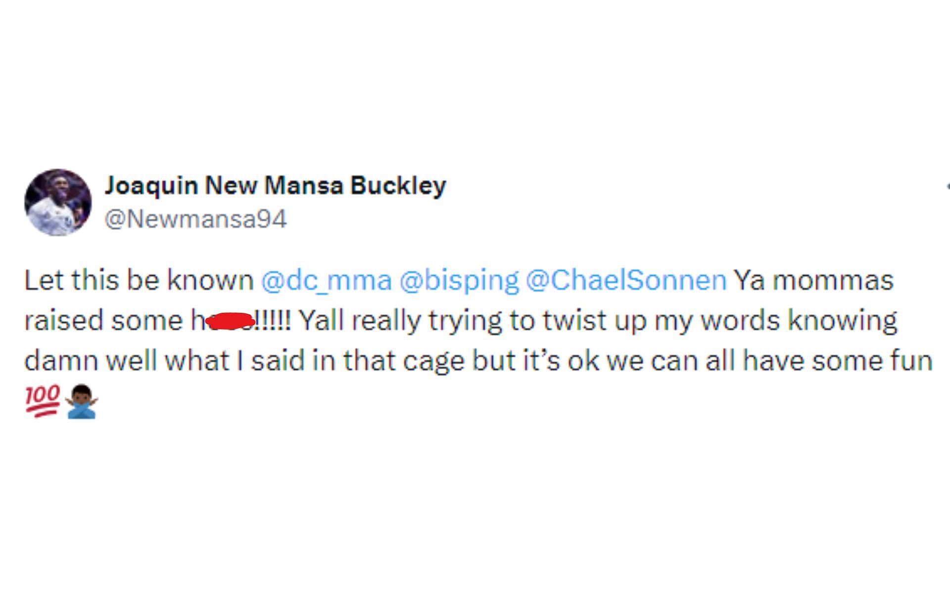 Buckley&#039;s NSFW tweet towards Cormier, Bisping and Sonnen [Image courtesy: @Newmansa94 - X]