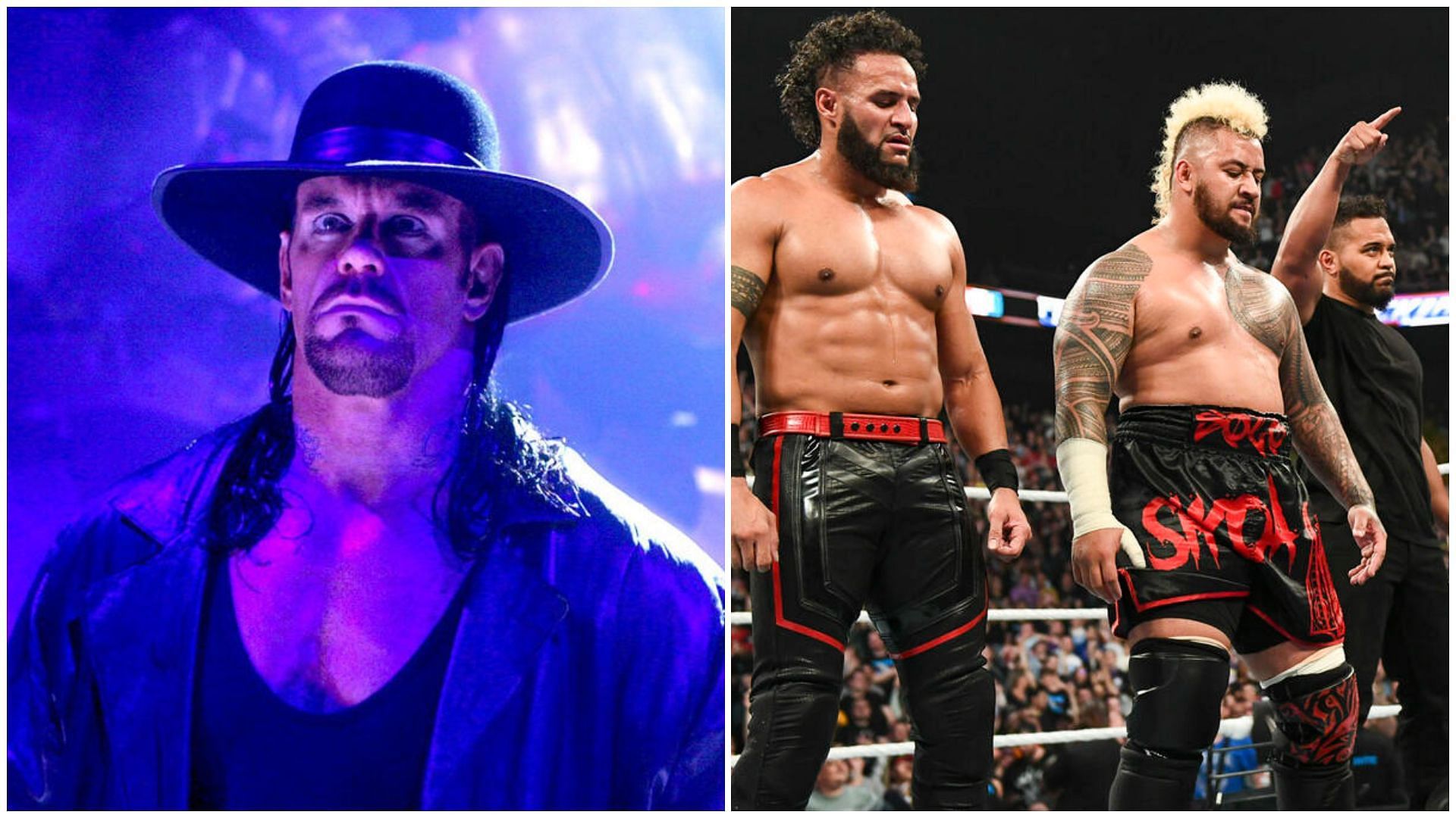 The Undertaker (left); and The Bloodline at WWE Backlash (right).