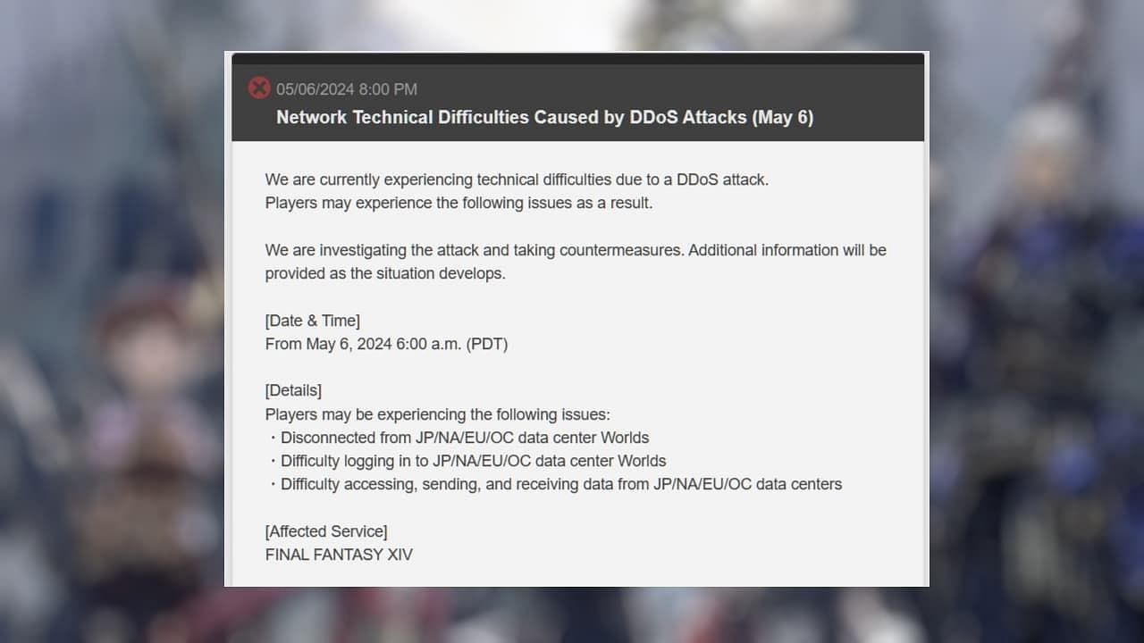 The Final Fantasy 14 DDoS attacks today are not their first rodeo (Image via Square Enix)