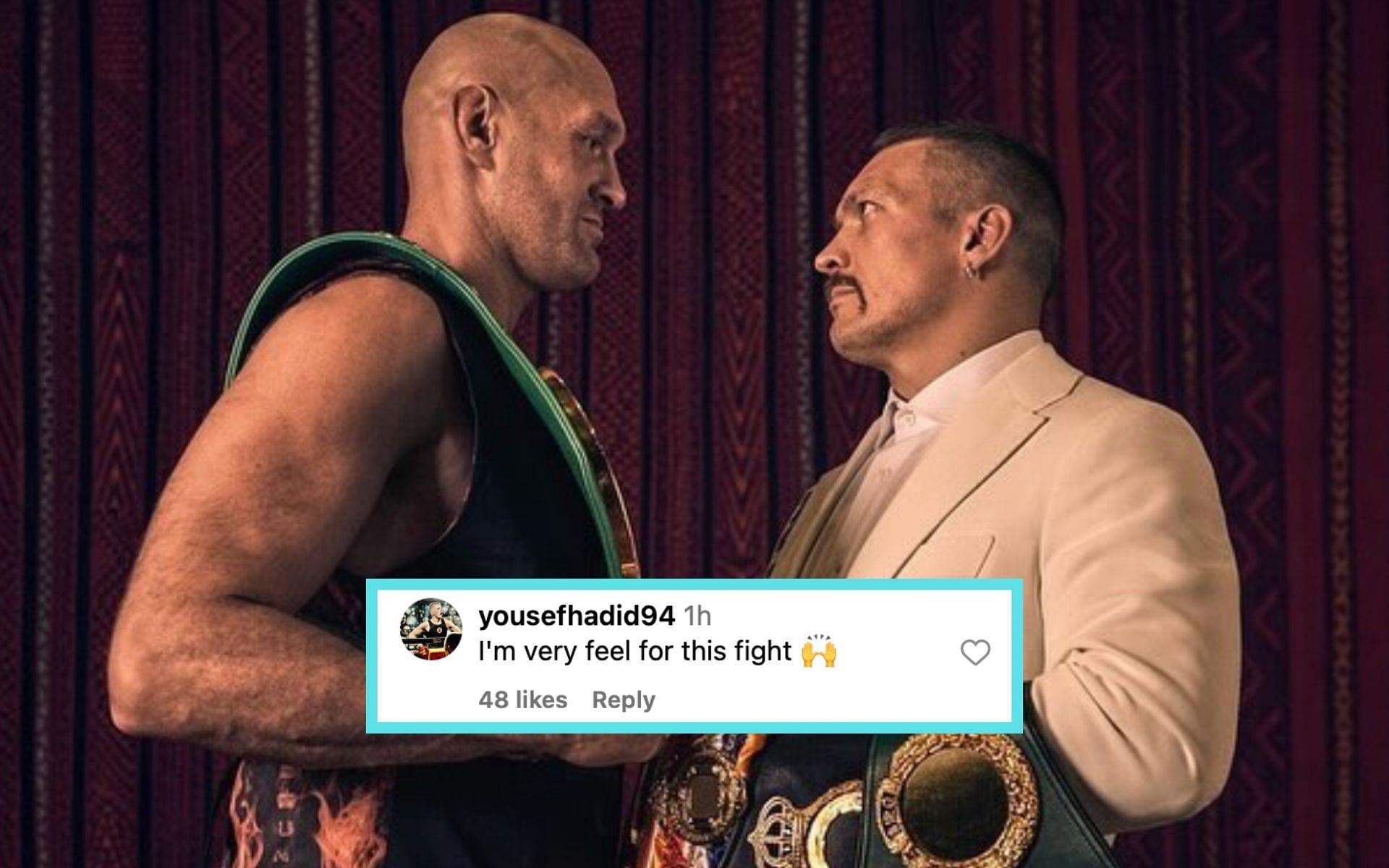 Fans react to Tyson Fury (left) weighing in heavier than Oleksandr Usyk (right) [Photo Courtesy @tysonfury on Instagram]