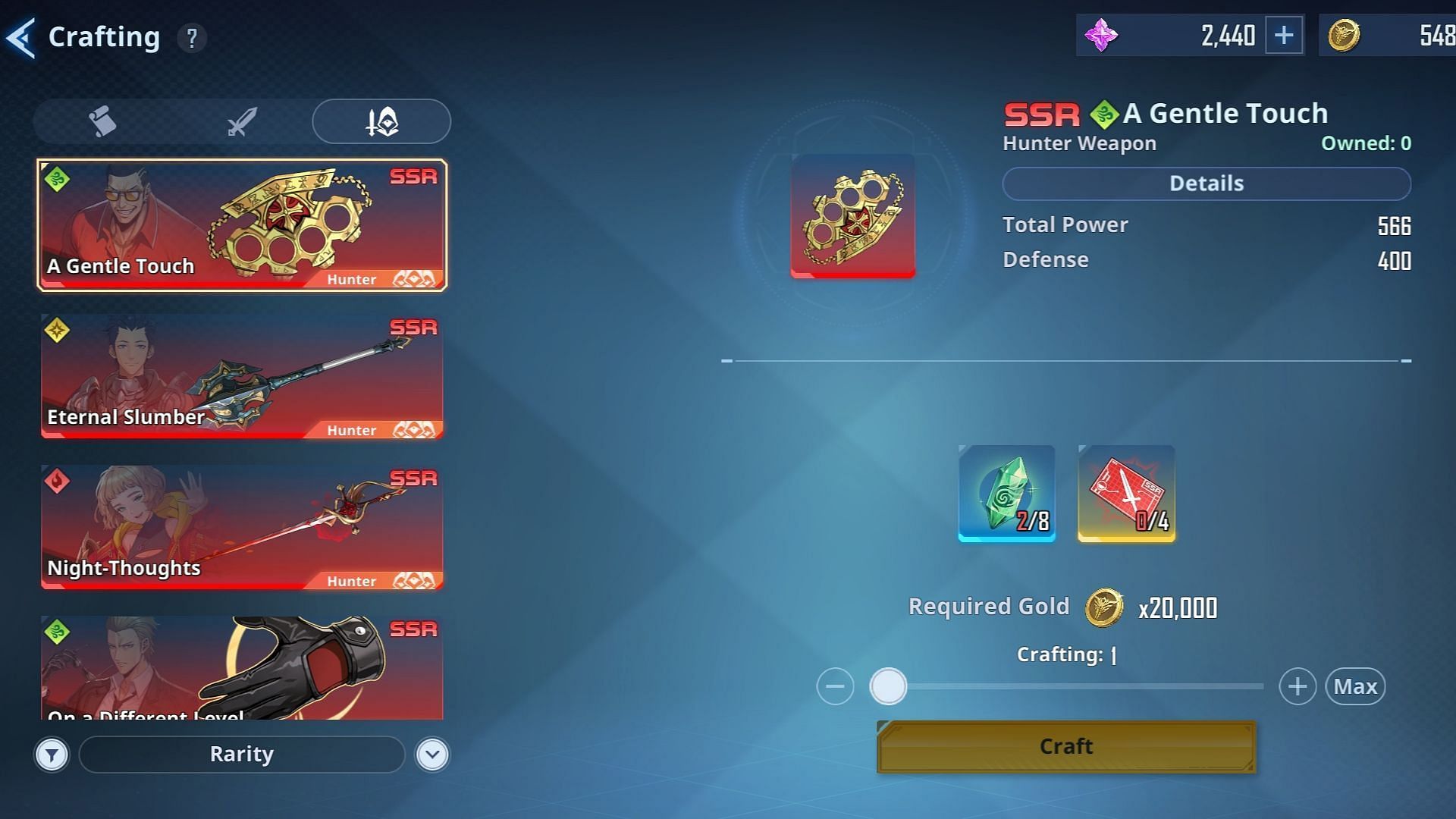 You can craft Exclusive Weapons in Solo Leveling Arise using Mana Power Crystal, Gold, and Weapon Designs. (Image via Netmarble)