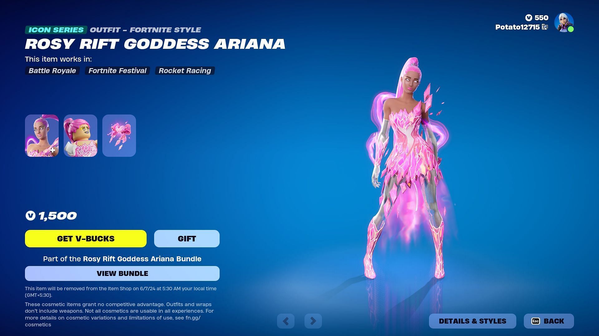 The Rosy Rift Goddess Ariana skin will stay in the Item Shop for a week. (Image via Epic Games)