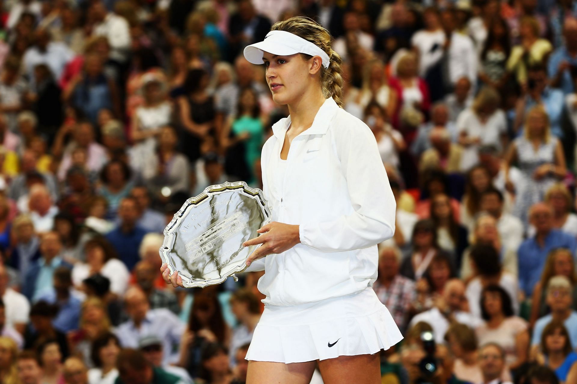 Eugenie Bouchard with the runner-up trophy after the conclusion of the 2014 Wimbledon Championships women&#039;s singles final