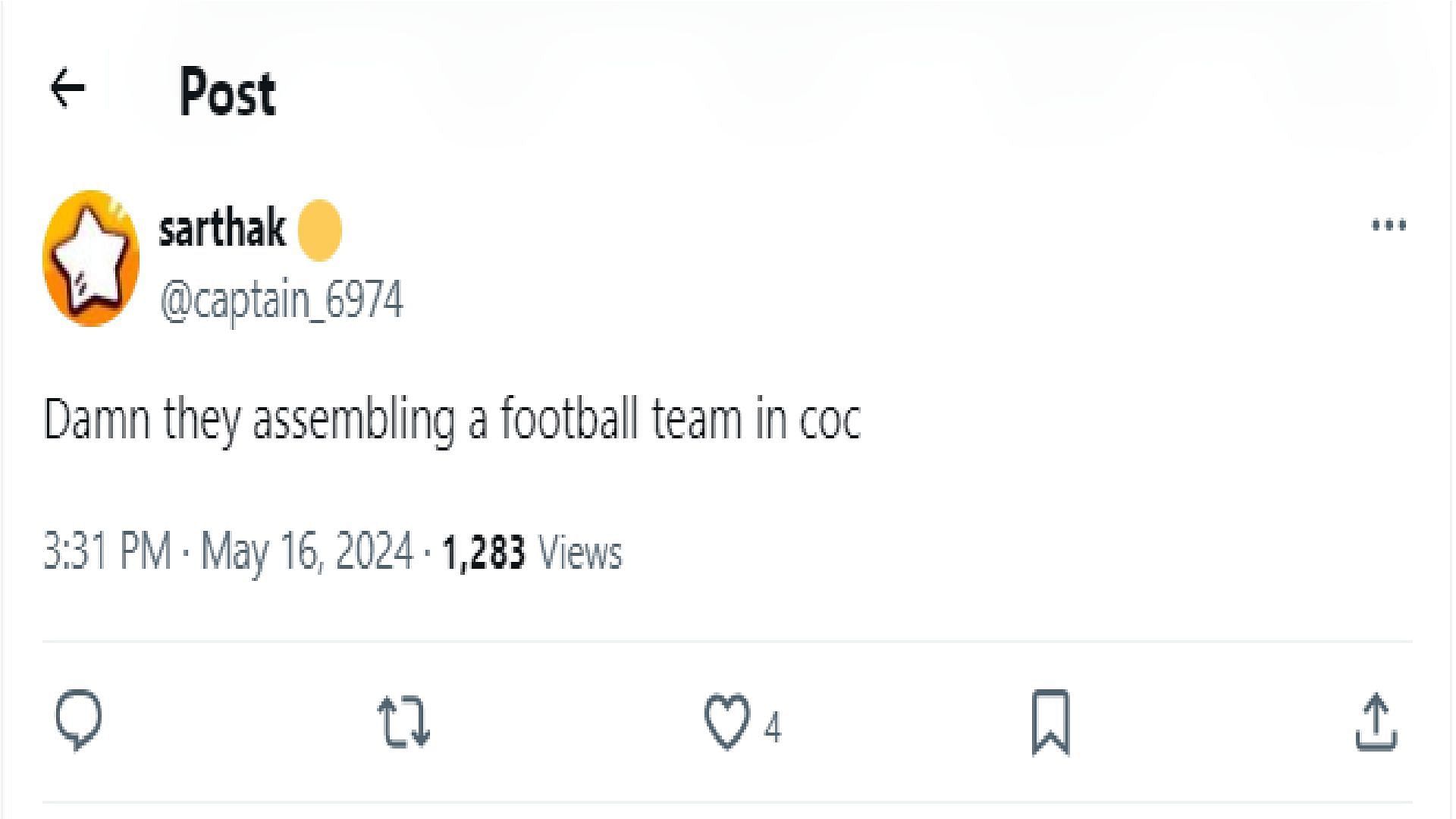 Sarthak thought COC was creating a football team in the game (Image via X/@captain_6974)