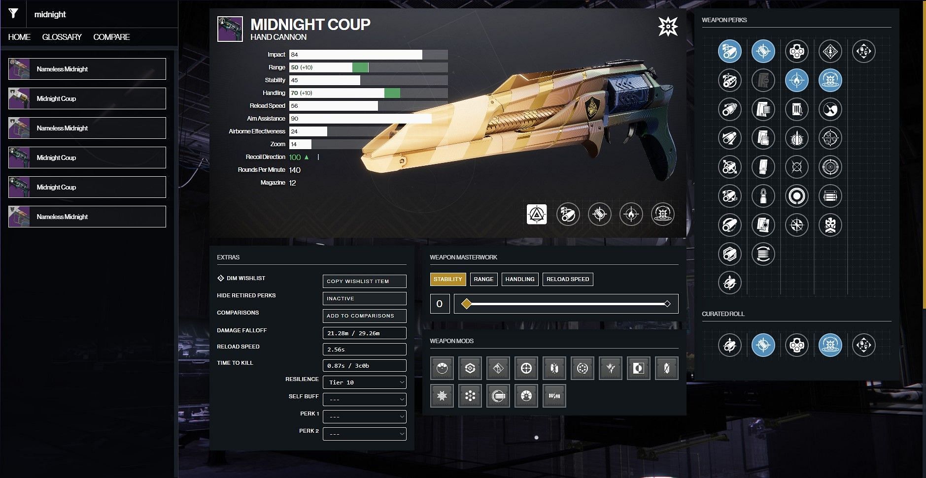 Midnight Coup PvE god roll (Image via D2Gunsmith)