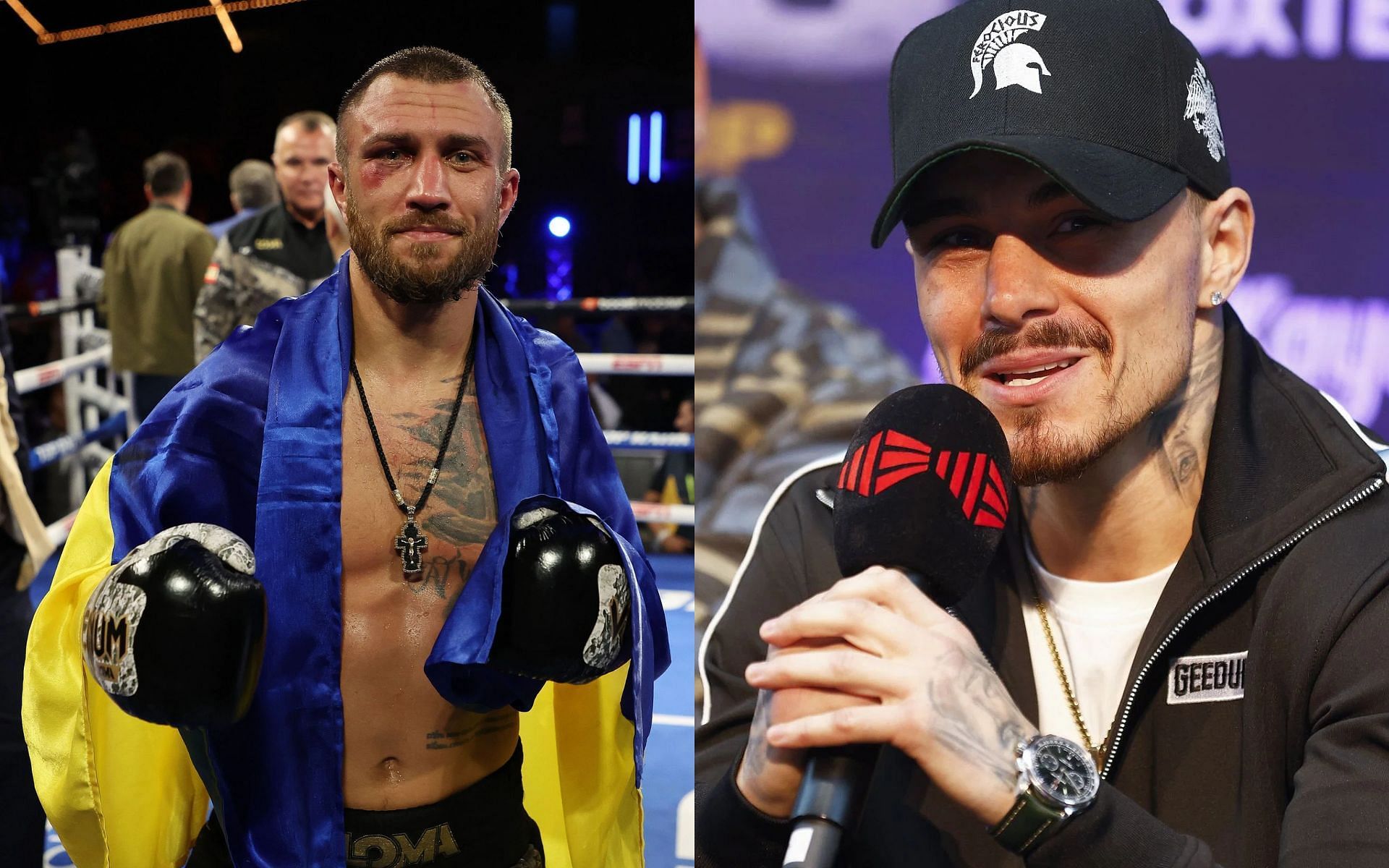 George Kambosos Jr. (right) discusses his loss to Vasily Lomachenko (left) [Images Courtesy: @GettyImages]