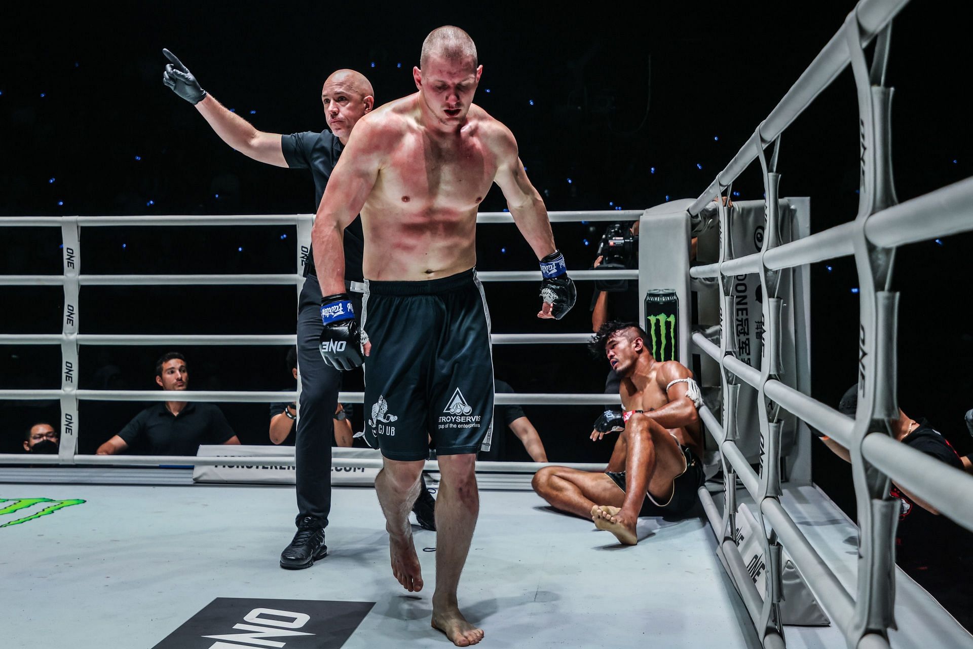 Dmitry Menshikov walks off after dropping Sinsamut Klinmee at ONE Fight Night 22.