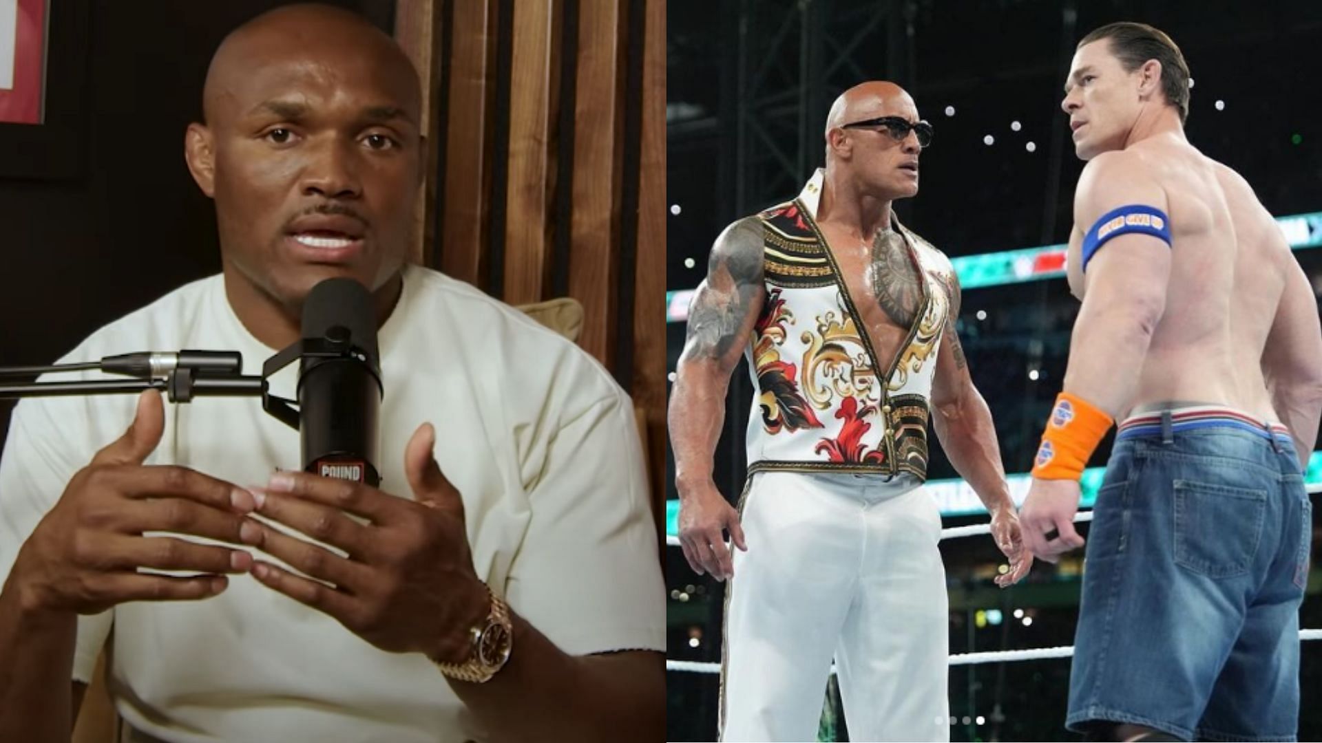 Kamaru Usman (left) discusses impact of WWE on Hollywood careers of Dwayne Johnson &amp; John Cena (right) [Images courtesy of @therock on Instagram &amp; Pound 4 Pound on YouTube]