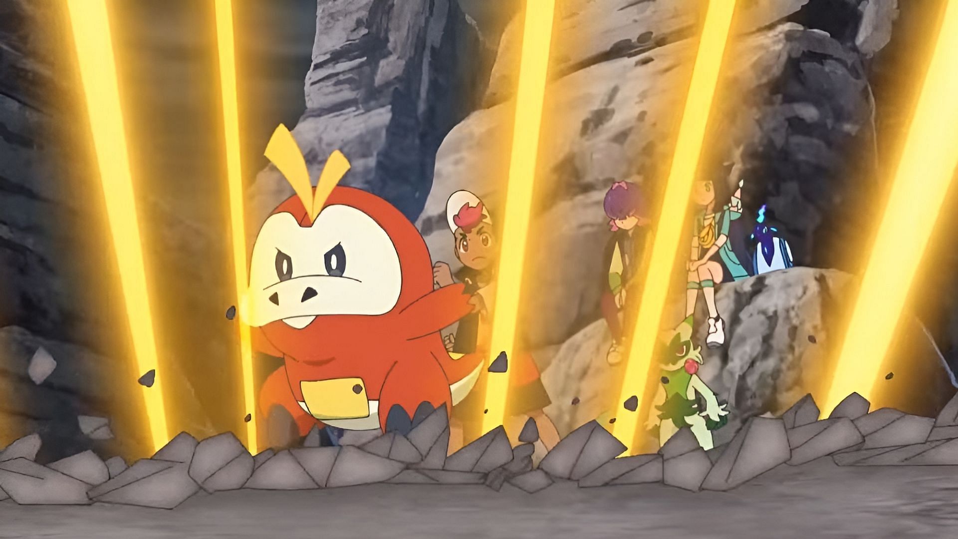 Roy and Fuecoco train to battle Brassius in Pokemon Horizons Episode 48 (Image via The Pokemon Company)