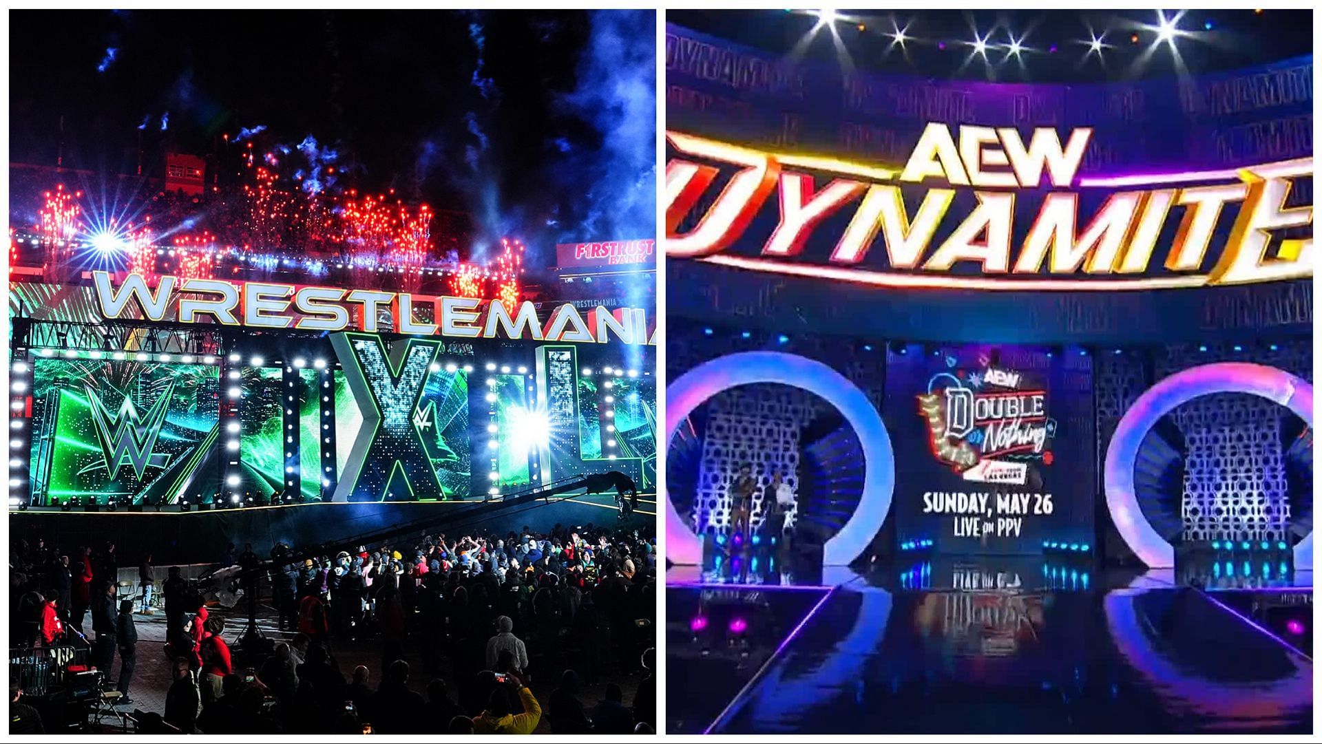 The stage at WWE WrestleMania XL, the stage at AEW Dynamite
