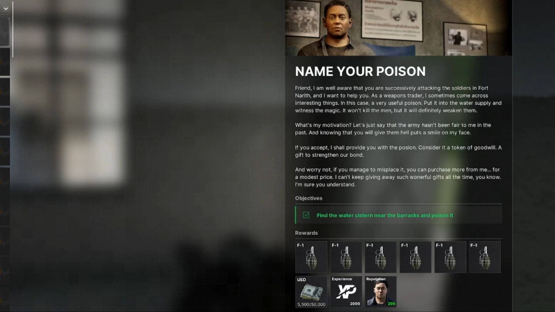 Name Your Poison mission objective (Image via MADFINGER Games || YouTube/13lacklight)