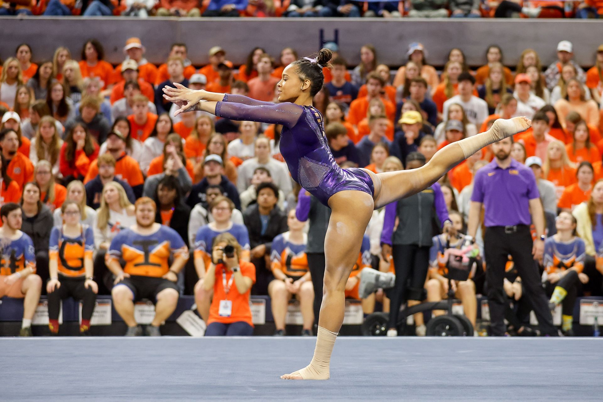 Haleigh Bryant of LSU competes on the floor during a gymnastics meet against Auburn at Neville Arena on February 10, 2023 in Auburn, Alabama. (Photo by Stew Milne/Getty Images)