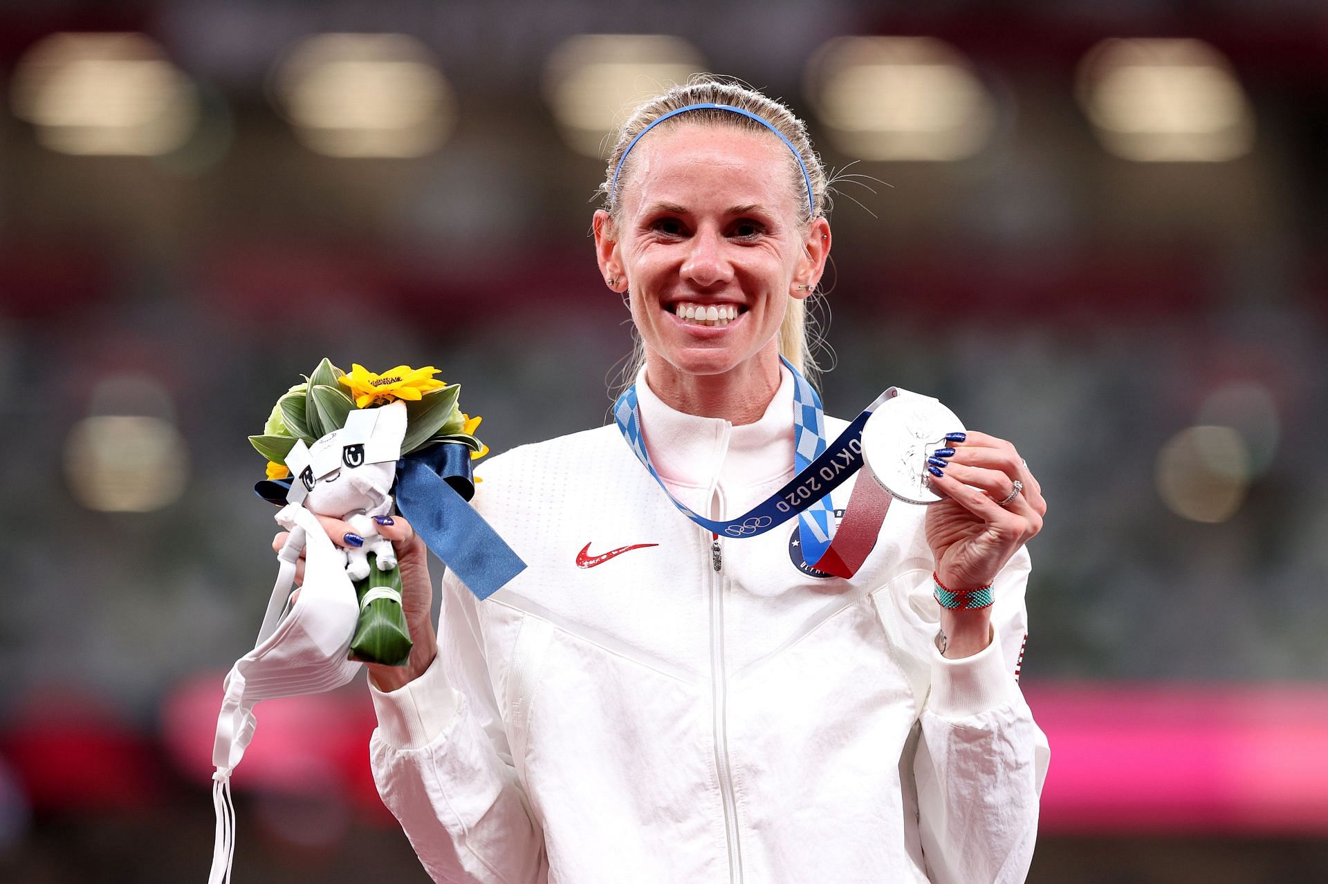 Courtney Frerichs of Team United States poses with the silver medal for the Women&#039;s 3000m Steeplechase Final on day twelve of the Tokyo 2020 Olympic Games at Olympic Stadium on August 04, 2021 in Tokyo, Japan. (Photo by Christian Petersen/Getty Images)