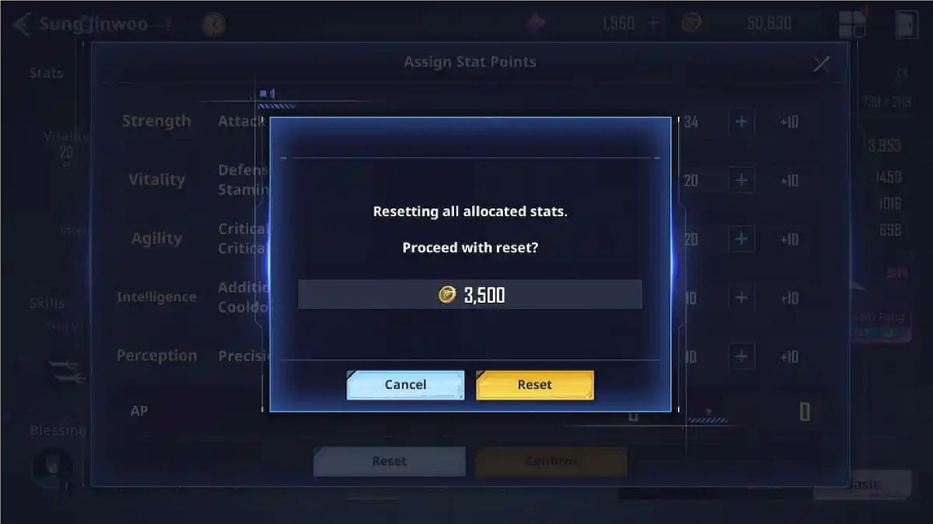 Click on the Reset button to reset the distribution of Attribute Points for the best stats for Sung Jinwoo in Solo Leveling Arise (Image via Netmarble)