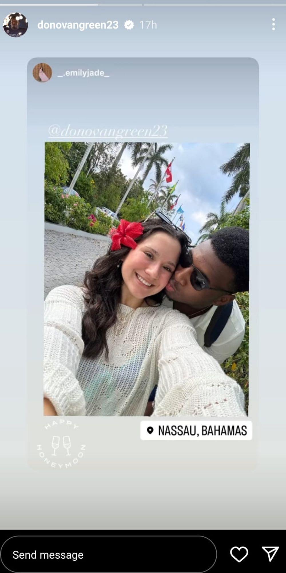 Donovan Green and Emily Jade on their honeymoon.
