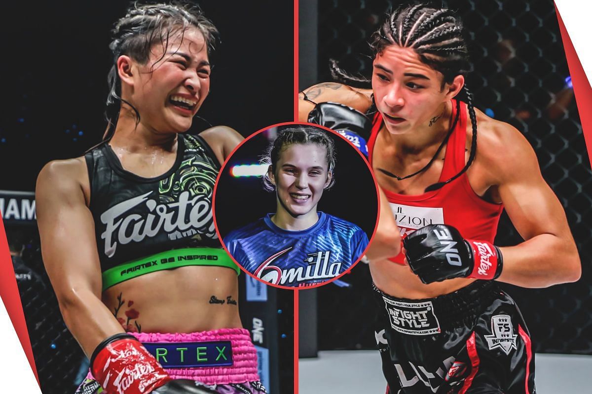 Smilla Sundell (C) eager to see Stamp (L) and Allycia Hellen Rodrigues (R) run it back for Muay Thai gold. -- Photo by ONE Championship