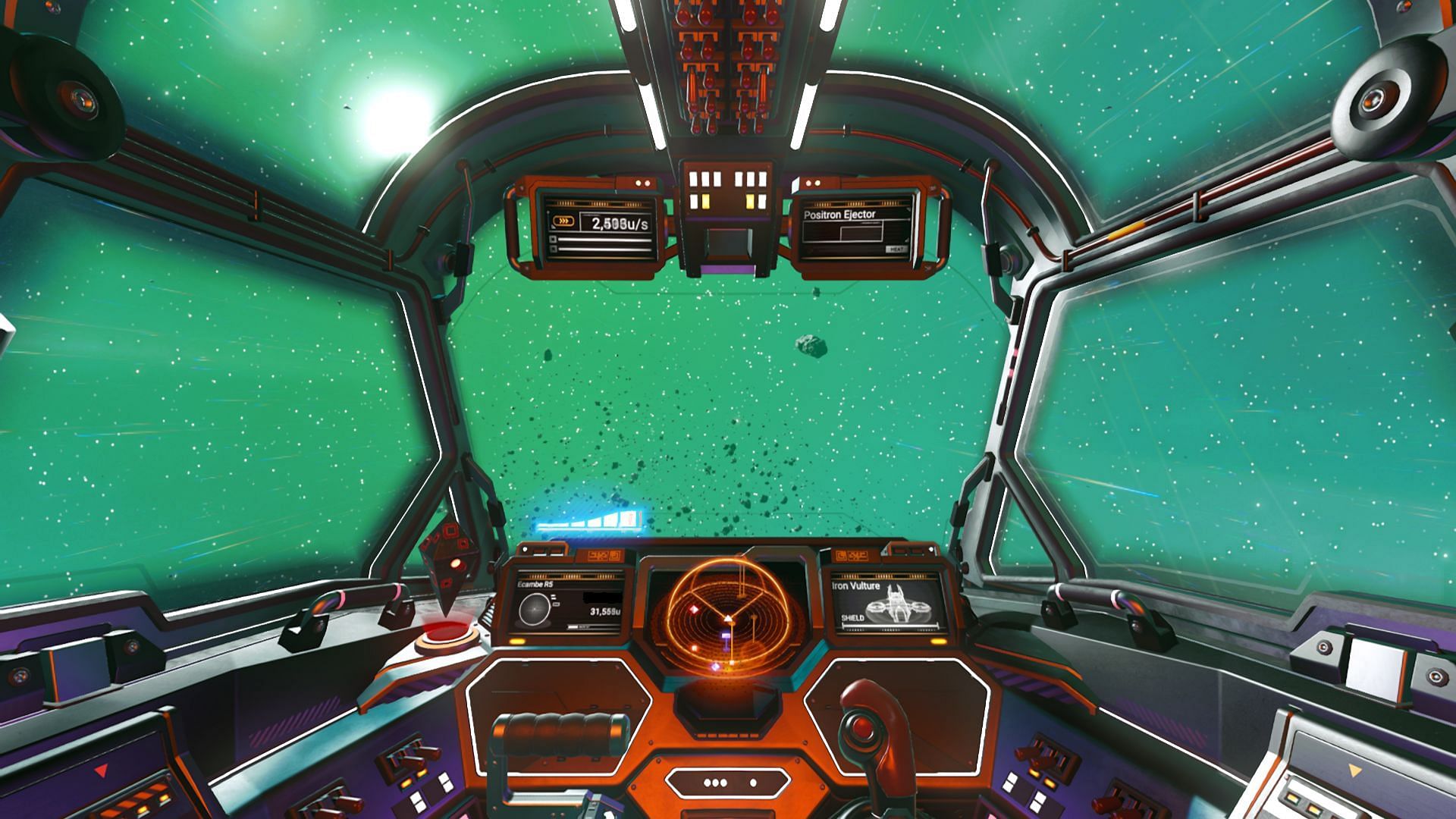 Cockpit view of the Iron Vulture hauler spaceship in No Man&#039;s Sky (Image via Hello Games)