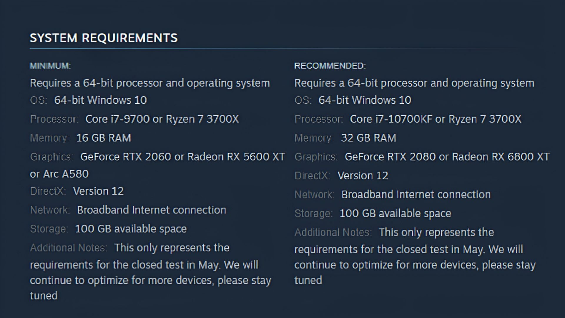 Minimum and recommended system requirements for Arena Breakout Infinite (Image via Steam)