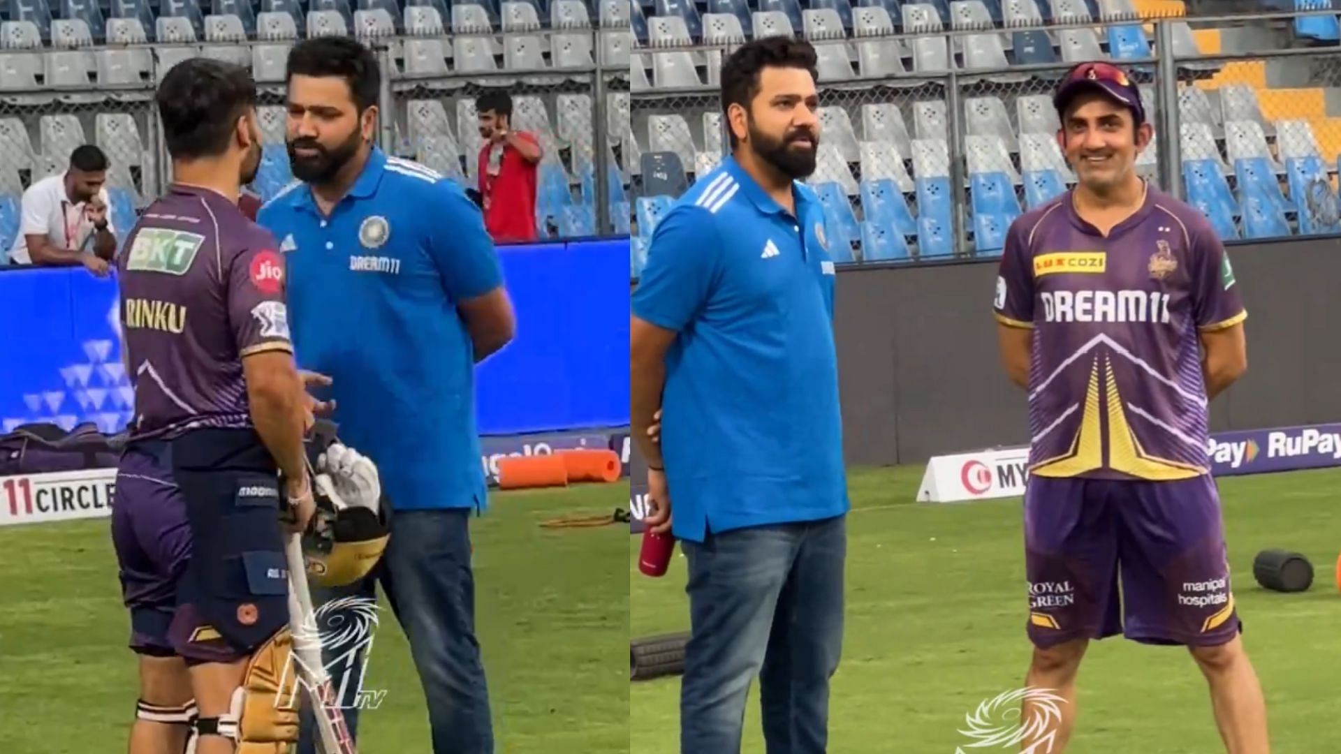 Snippets from Rohit Sharma having a conversation with Rinku and Gambhir