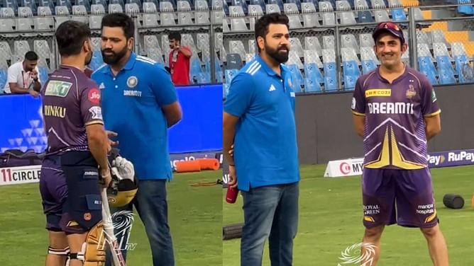 [Watch] Rohit Sharma has brief chat with Rinku Singh, Gautam Gambhir & others ahead of MI vs KKR IPL 2024 match