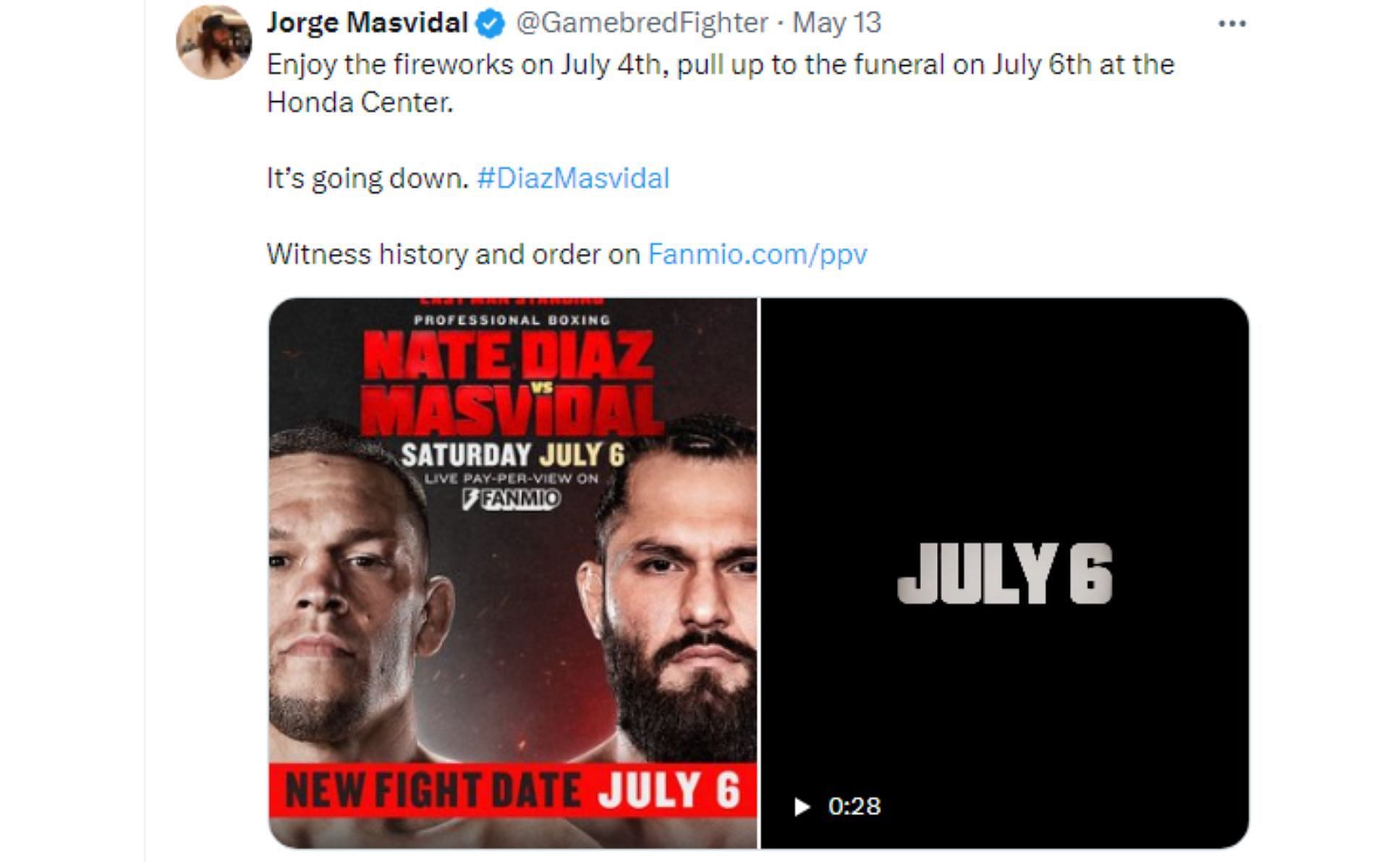 Tweet regarding new date for Diaz vs. Masvidal [Image courtesy: @GamebredFighter - X]