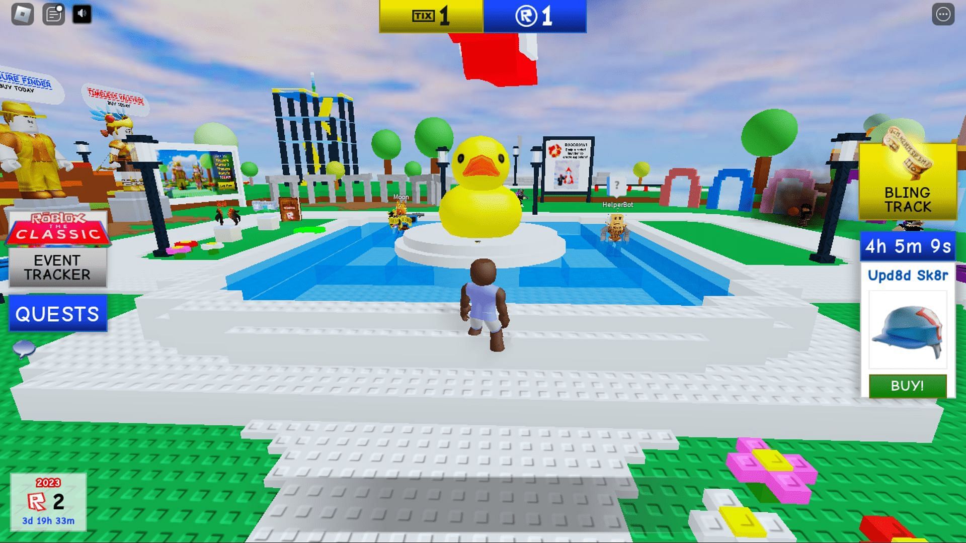 The Rubber Duck at the central fountain in The Classic Hub (Image via Roblox)