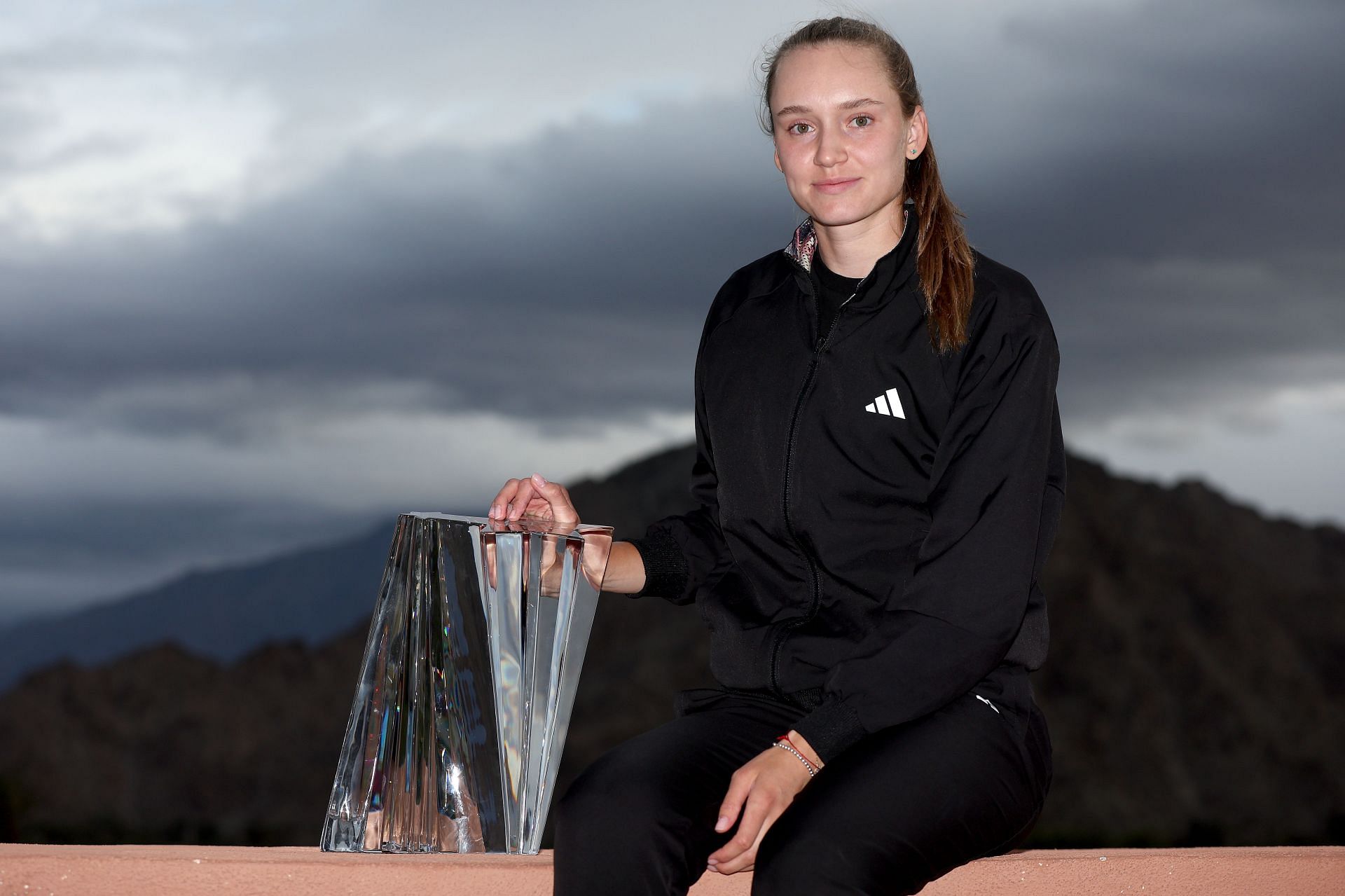 Elena Rybakina pictured with the 2023 Indian Wells trophy