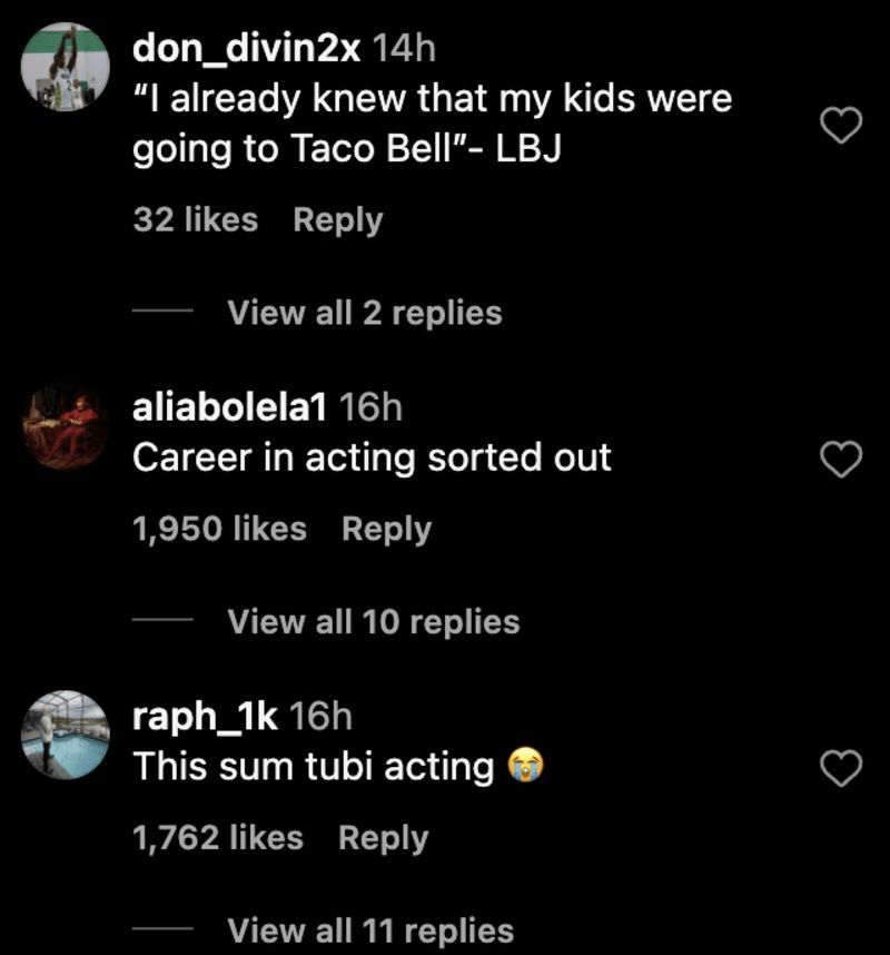 Instagram comments on Bryce and Bronny's video