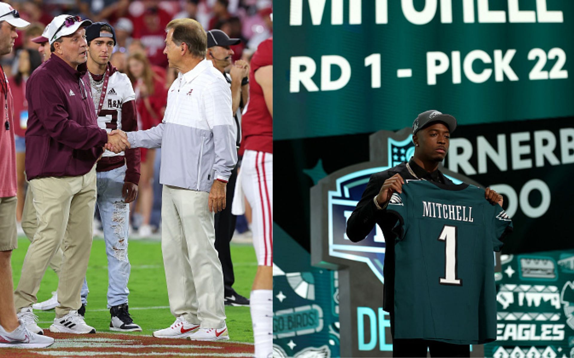 Jimbo Fisher and Nick Saban (left); Quinyon Mitchell (right)