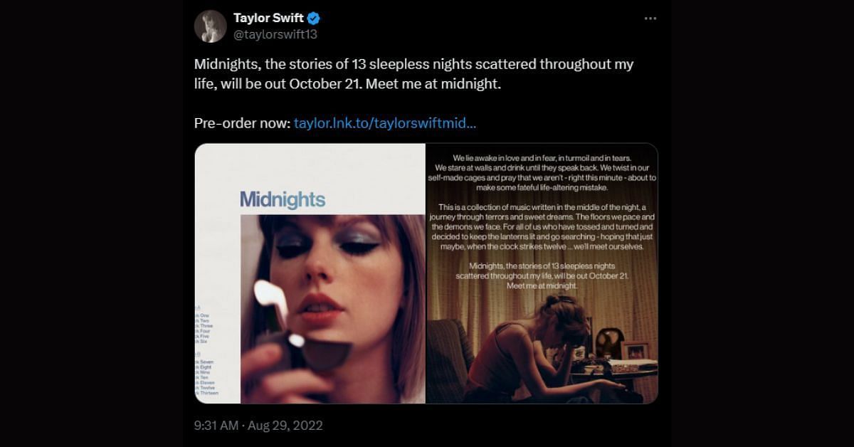 Taylor Swift announced Midnights (Image via X/@taylorswift13)