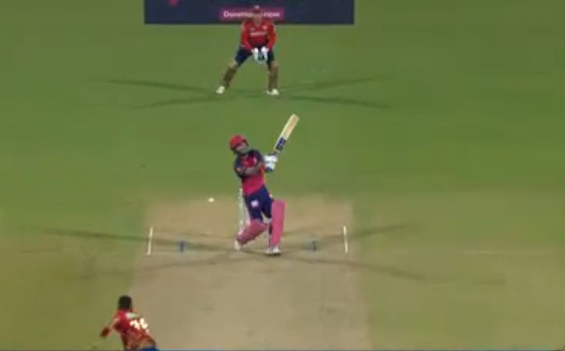 Parag was deceived by a dipping full toss from Harshal [Credit: IPLt20.com]