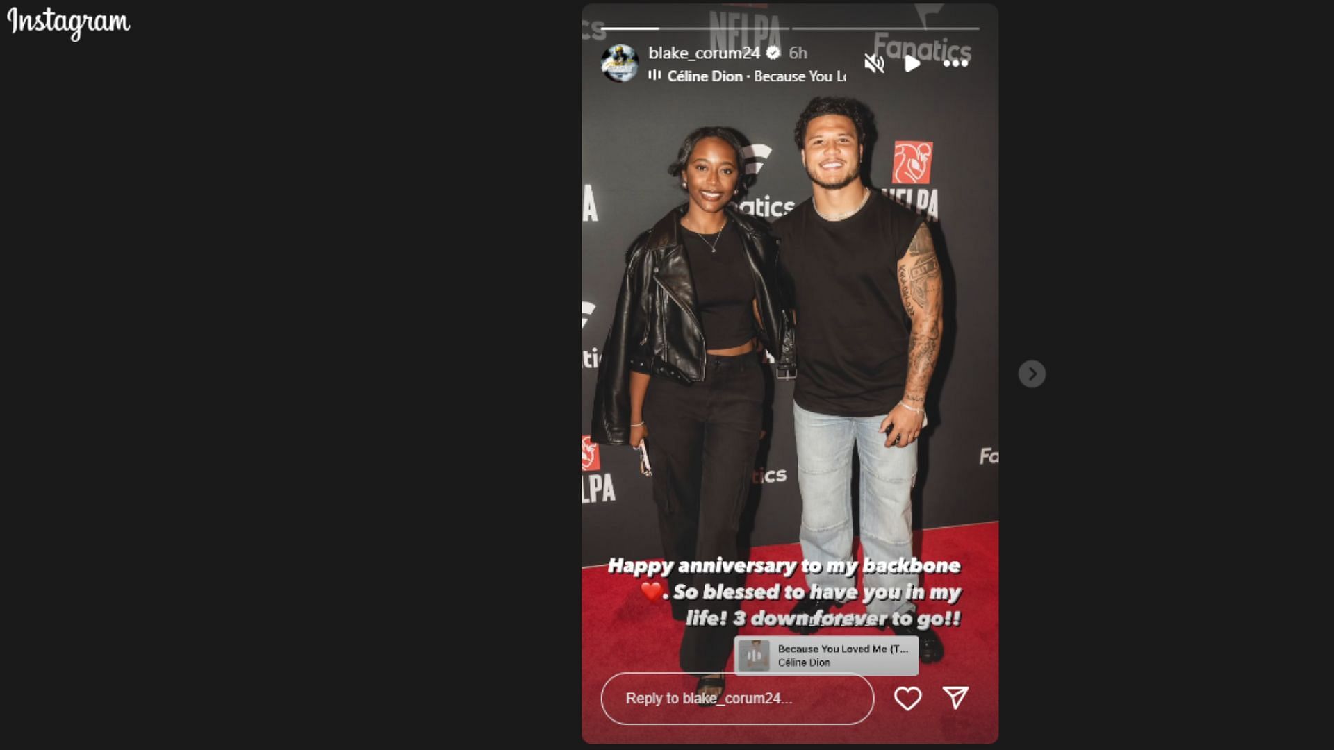 Blake Corum&#039;s Instagram post to celebrate his anniversary with girlfriend Makiah Shipp. (IG: Blake Corum)