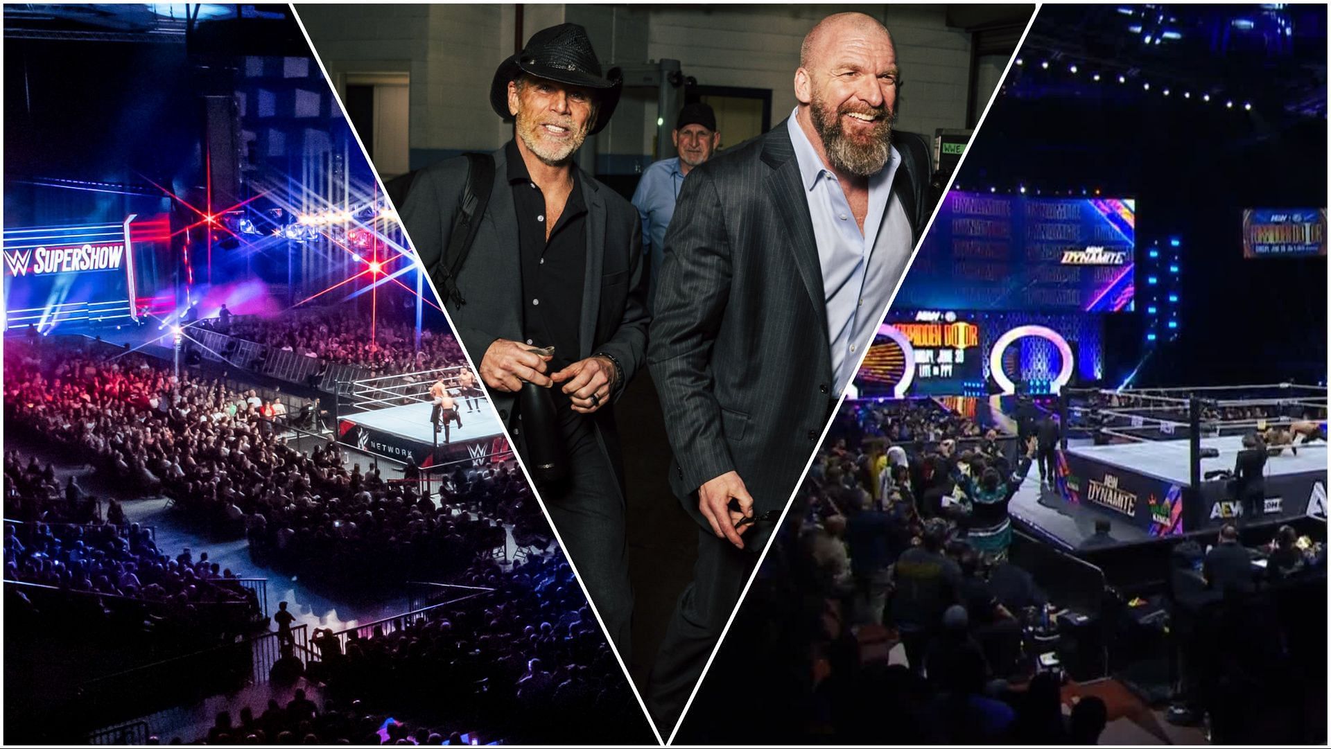 WWE crowd at a Supershow live event, WWE officials Shawn Michaels and Triple H, AEW crowd at Dynamite