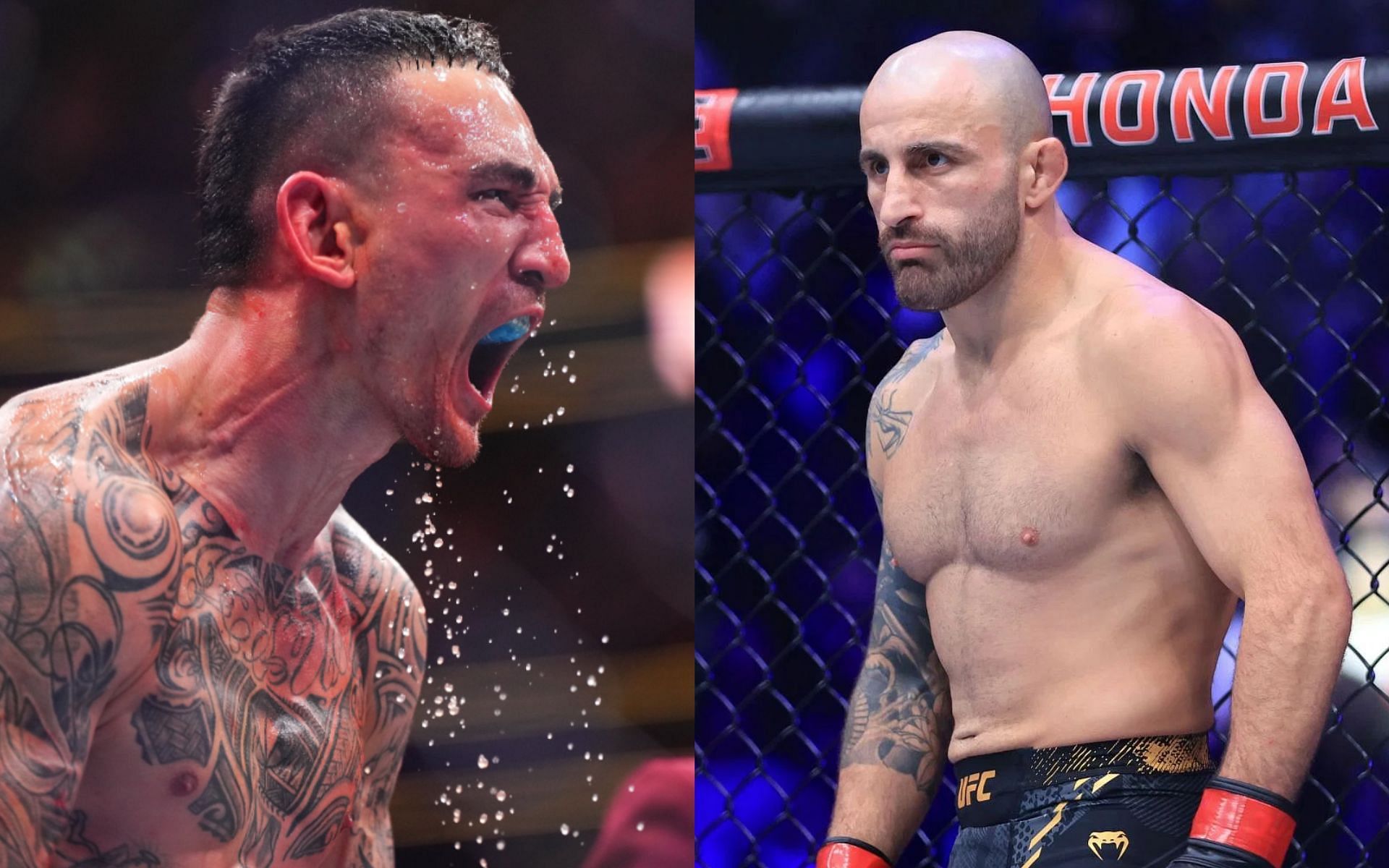 Alexander Volkanovski (right) discusses a fourth fight with Max Holloway (left) after his epic UFC 300 win [Images Courtesy: @GettyImages, @ufceurope on X]