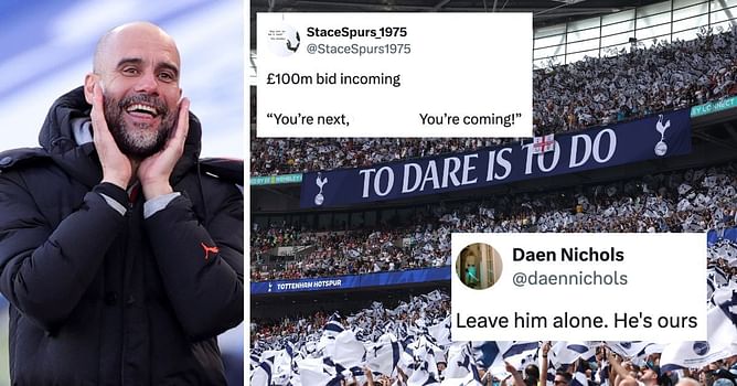 "£100m bid incoming", "Leave him alone" – Tottenham fans worried as Pep Guardiola has playful chat with Spurs star after Manchester City win