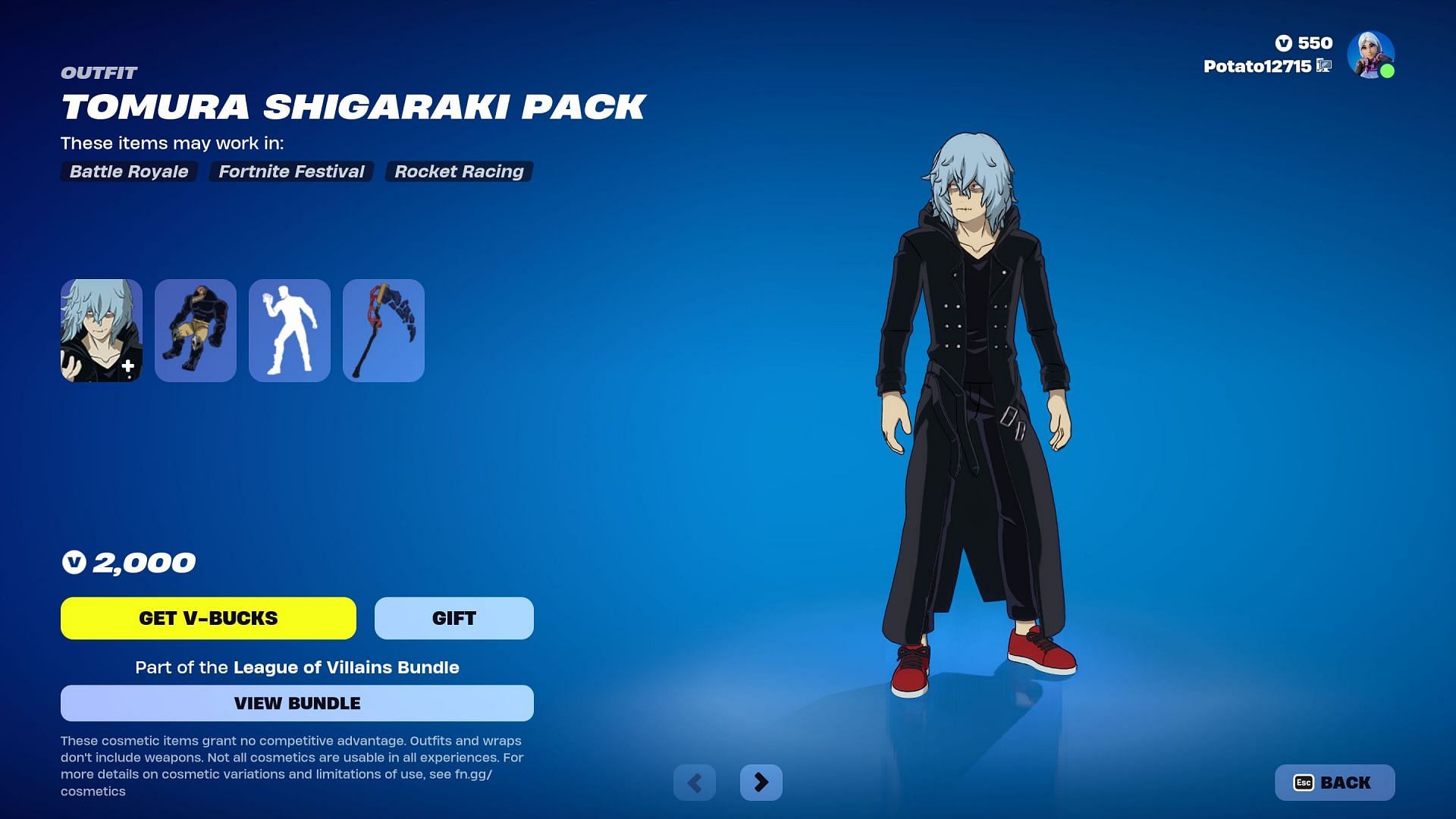 Tomura Shigaraki Pack is currently listed in the Item Shop (Image via Epic Games)