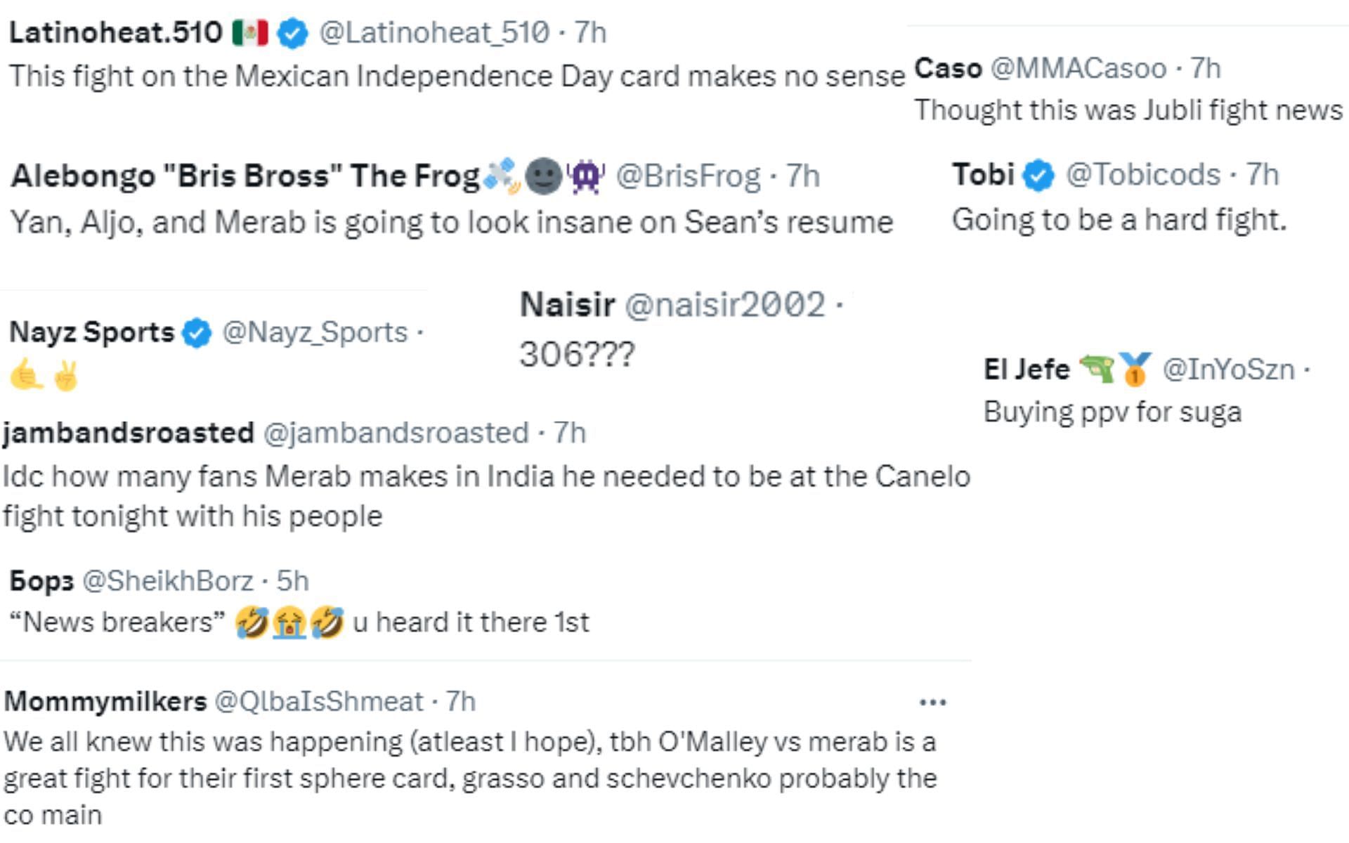 Screenshot of fan reactions to O&#039;Malley vs. Dvalishvili being announced