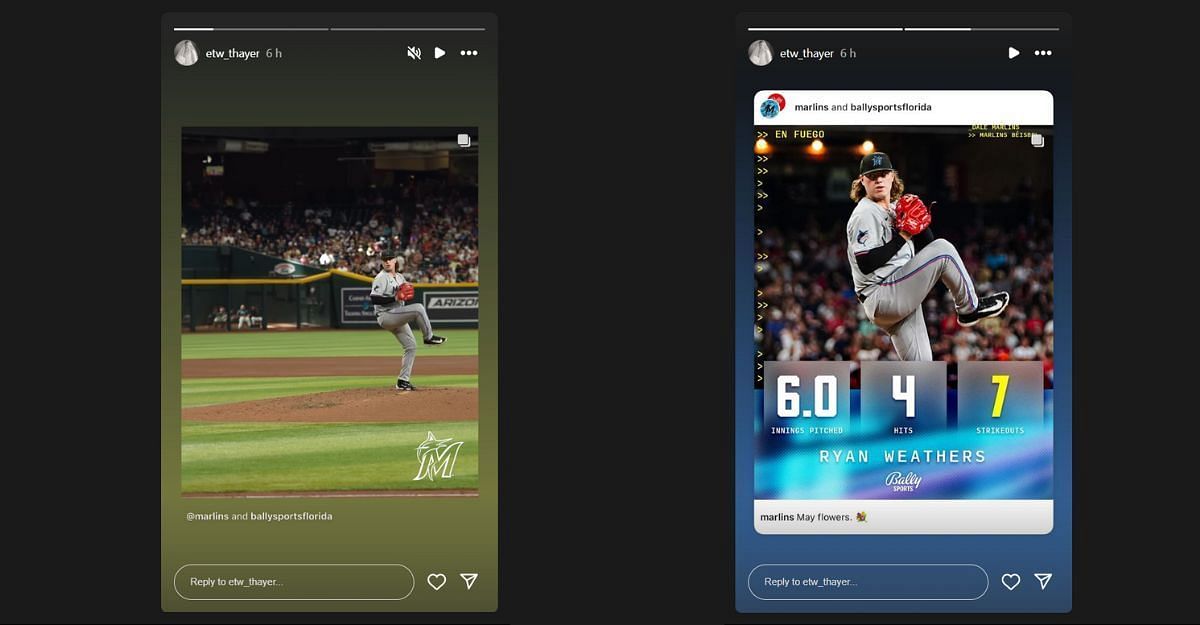 Screenshot of Thayer Hall&#039;s Instagram story celebrating Ryan Weathers&rsquo; strong outing