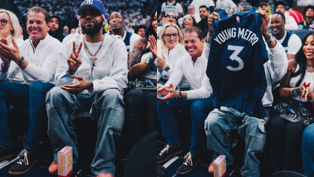 NBA fans react to &quot;Metro Boomin&quot; sitting at courtside for Game 3 of the Nuggets-Timberwolves series.