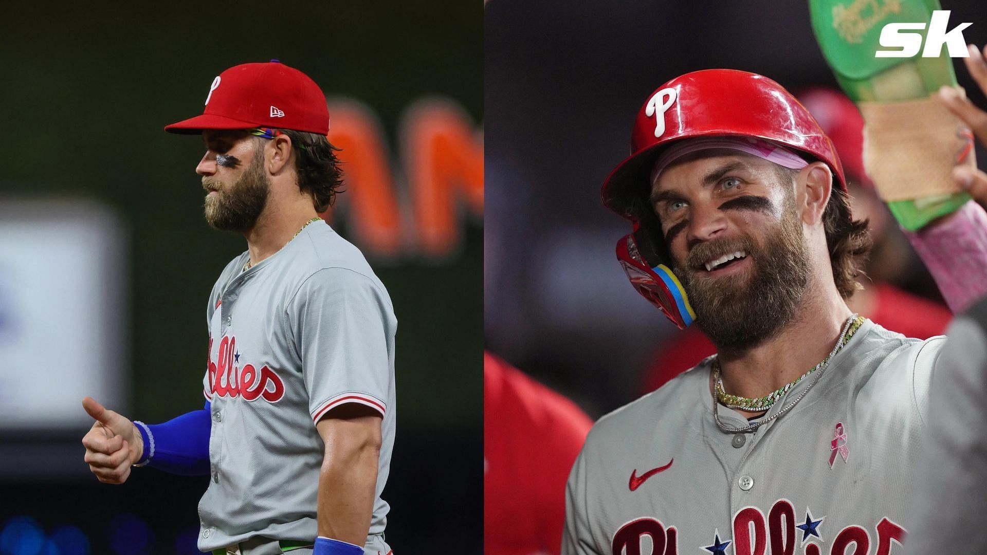 Phillies star Bryce Harper was struck in the side of the helmet by an errant throw from Mets catcher Tomas Nido