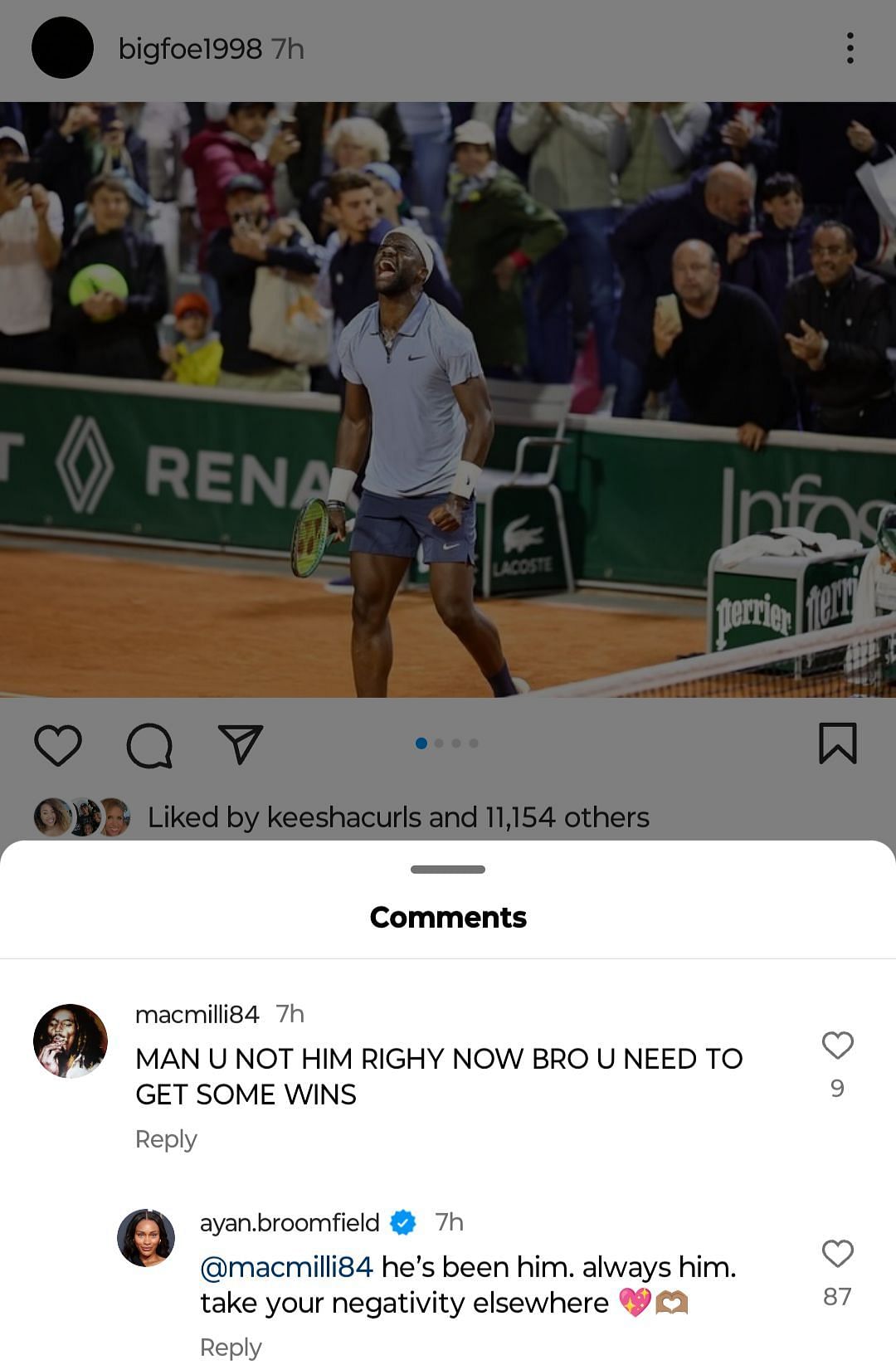 Ayan Broomfield&#039;s reply to a critic (Source: Instagram/Frances Tiafoe)
