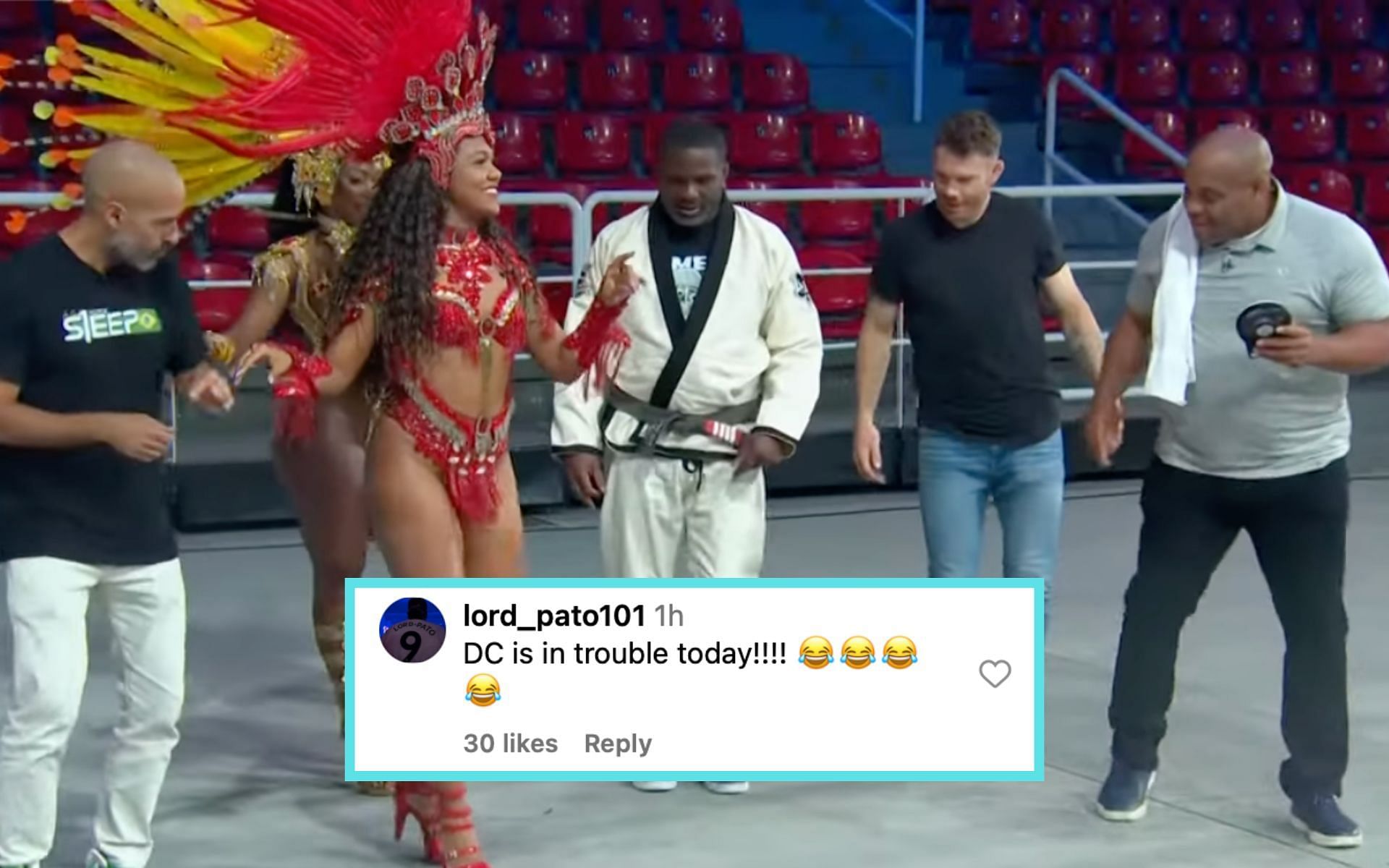 Fans react to Daniel Cormier (far right), Paul Felder (second from right), Din Thomas (center) and Jon Anik (far left) practicing a Samba dance [Photo Courtesy: UFC on YouTube]