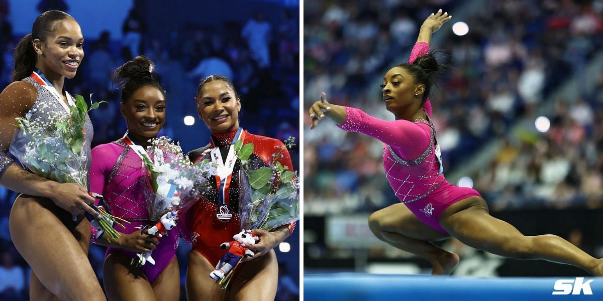 Simone Biles reacts after her all-around title win in her first event of the Olympic year at the US Classic 2024.