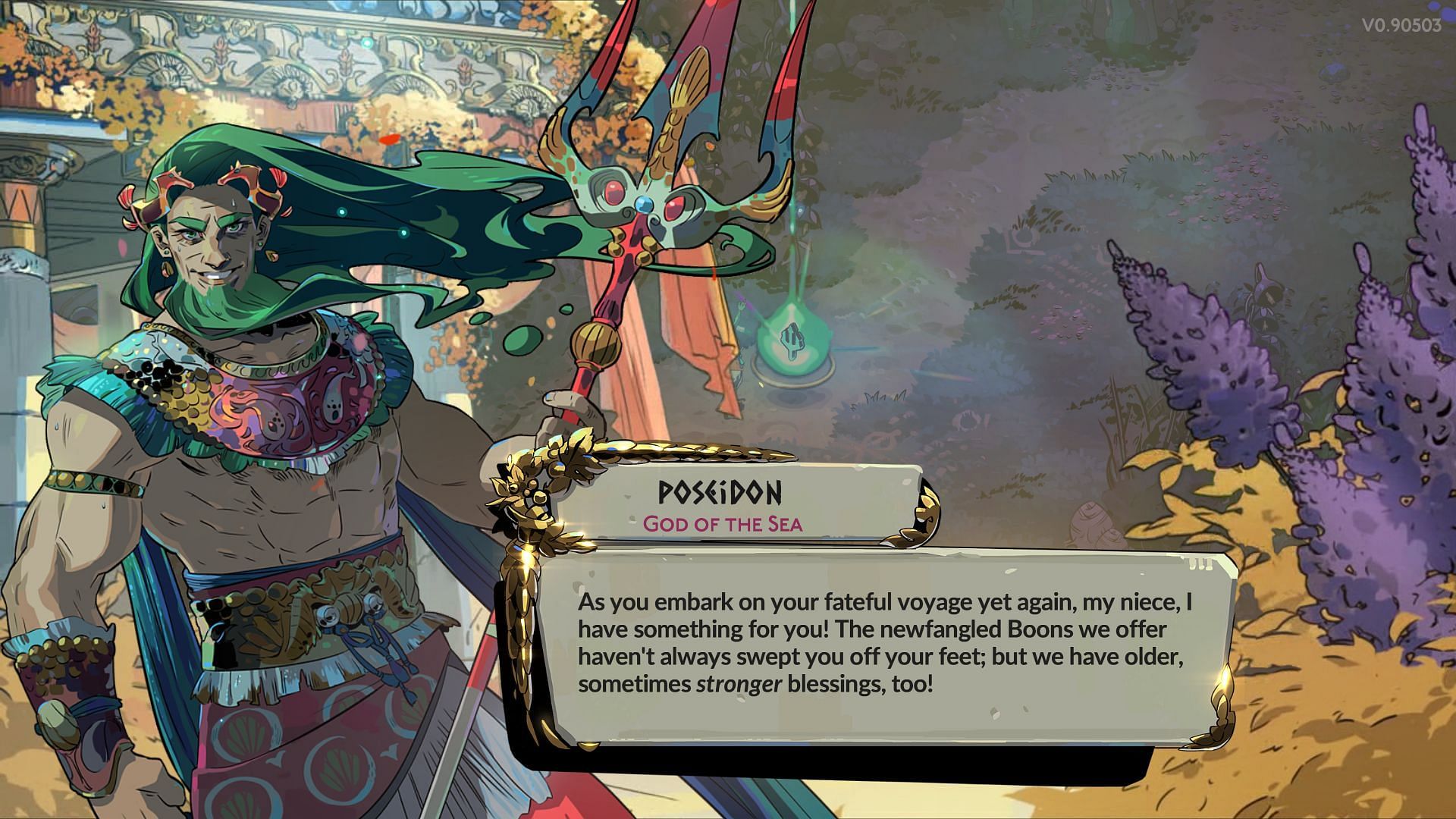 Poseidon offers extremely potent boons to Melino&euml; (Image via Supergiant Games)